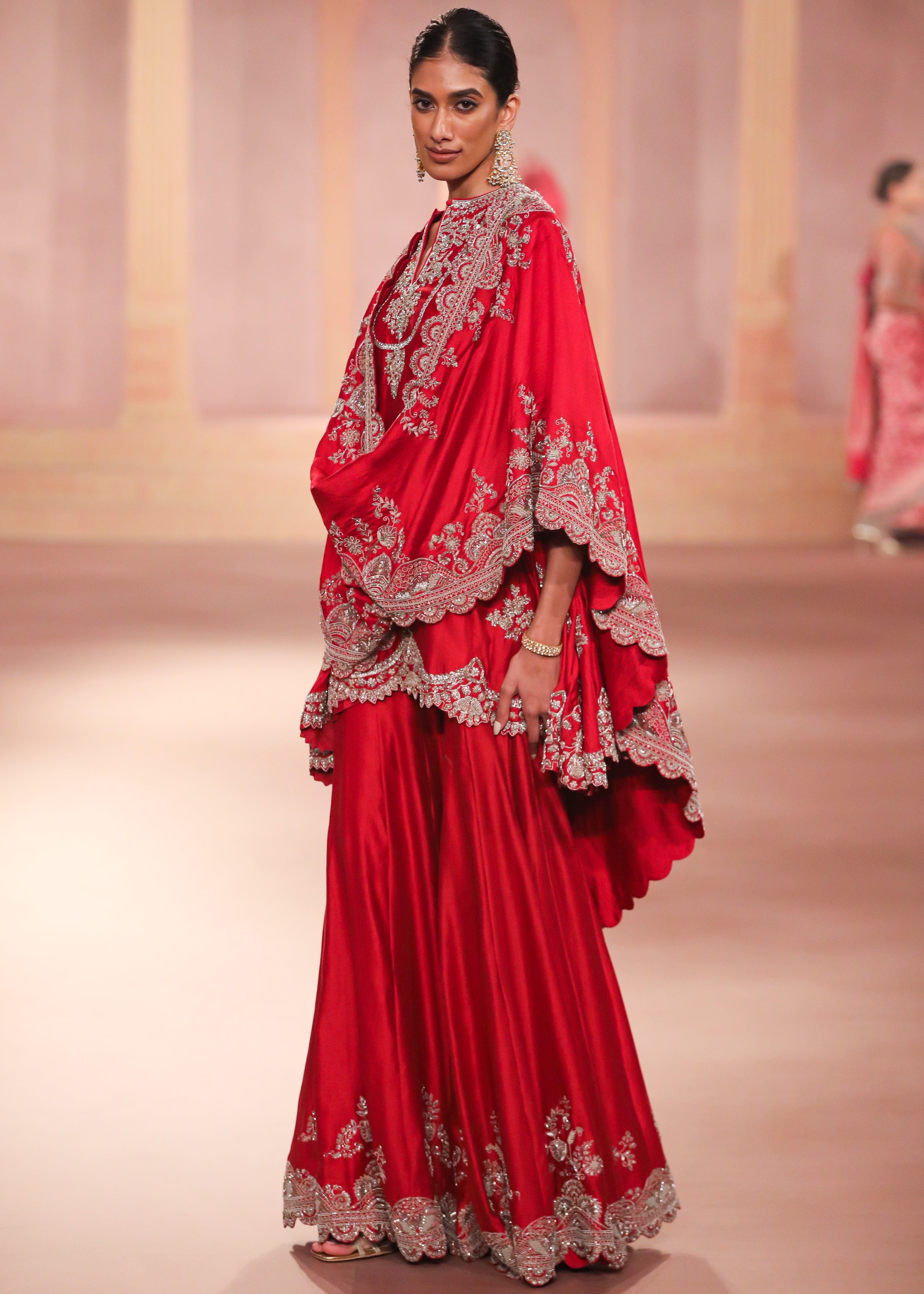 Red Embroidered Sharara And Cape Set