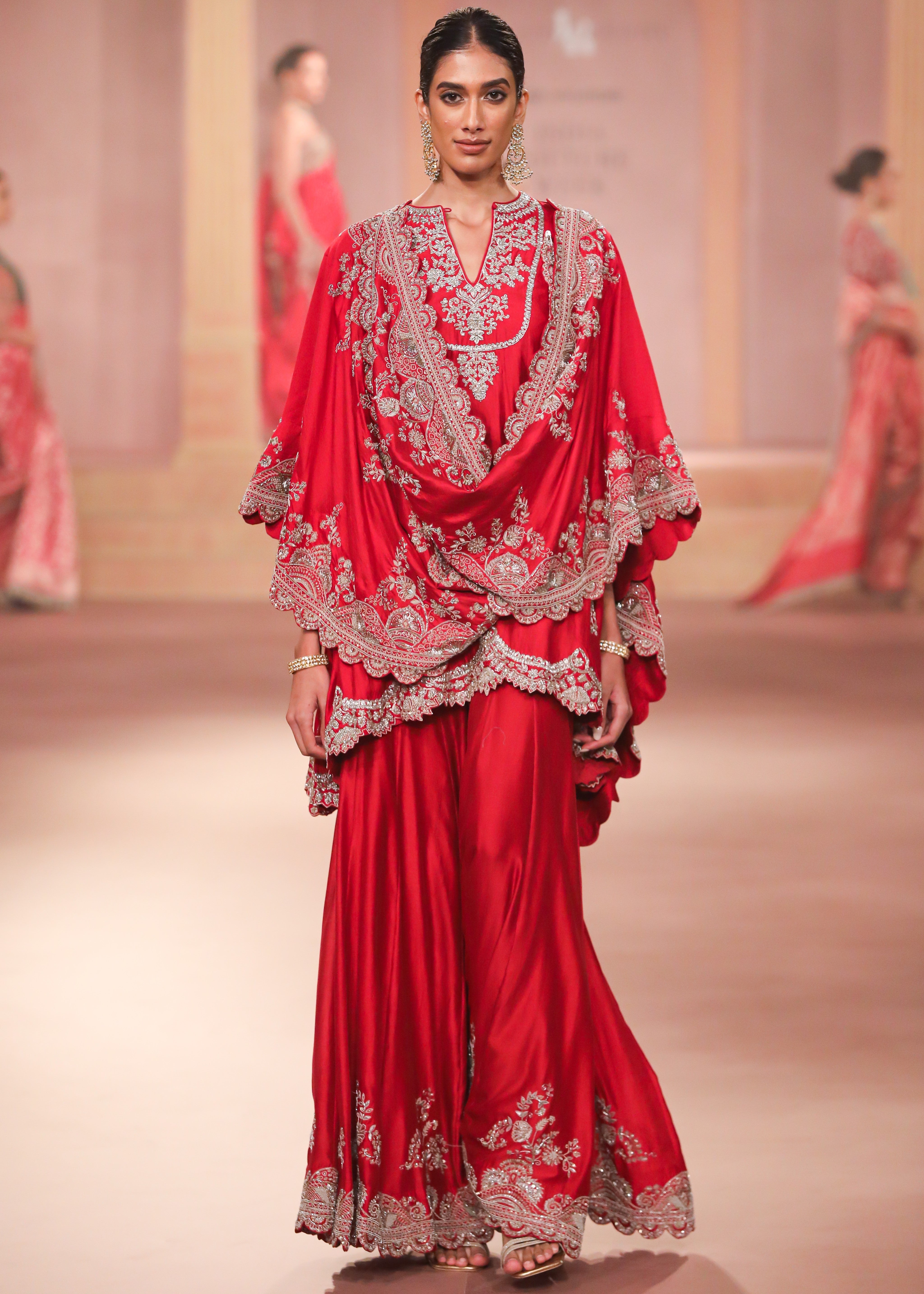 Red Embroidered Sharara And Cape Set