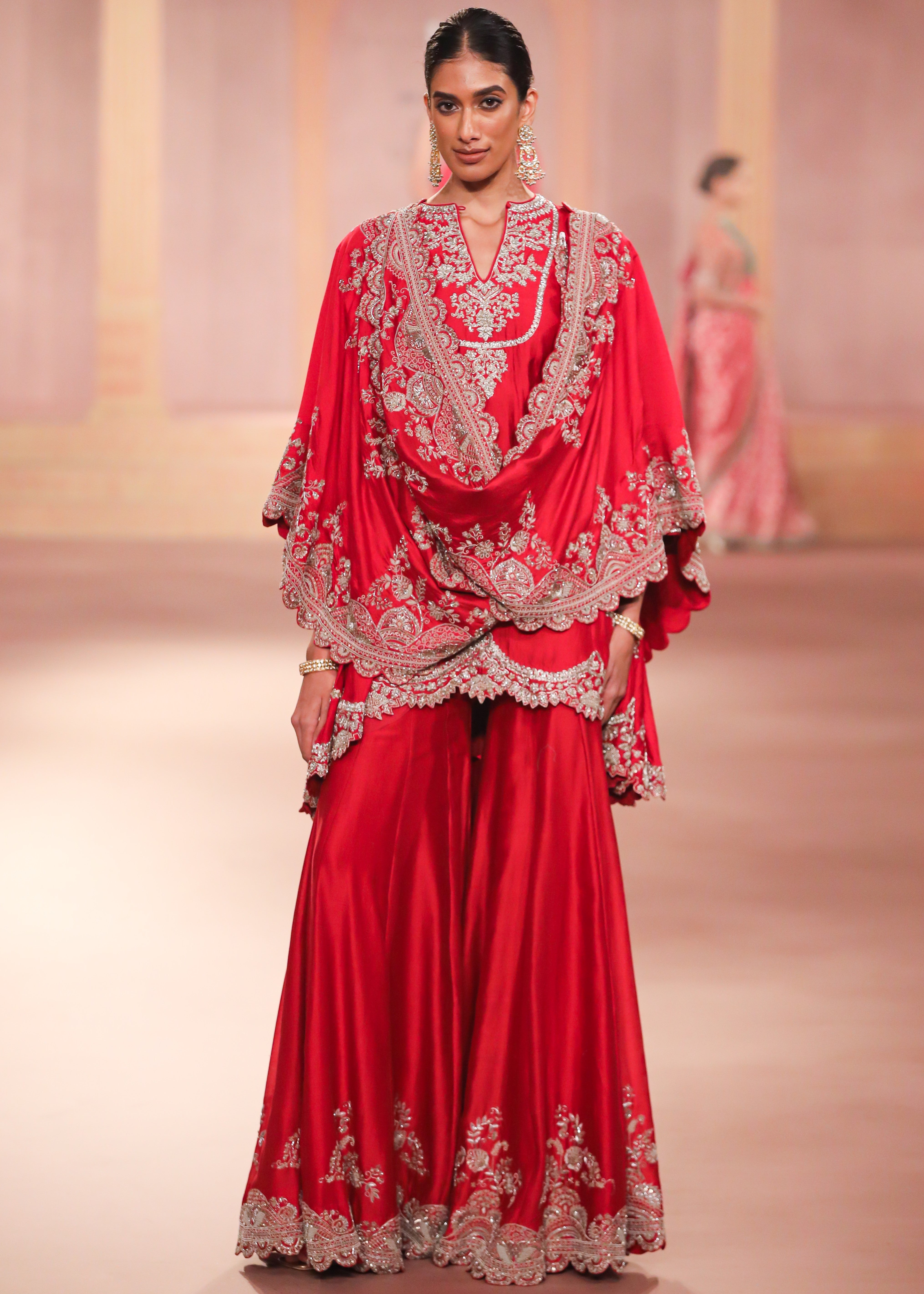 Red Embroidered Sharara And Cape Set