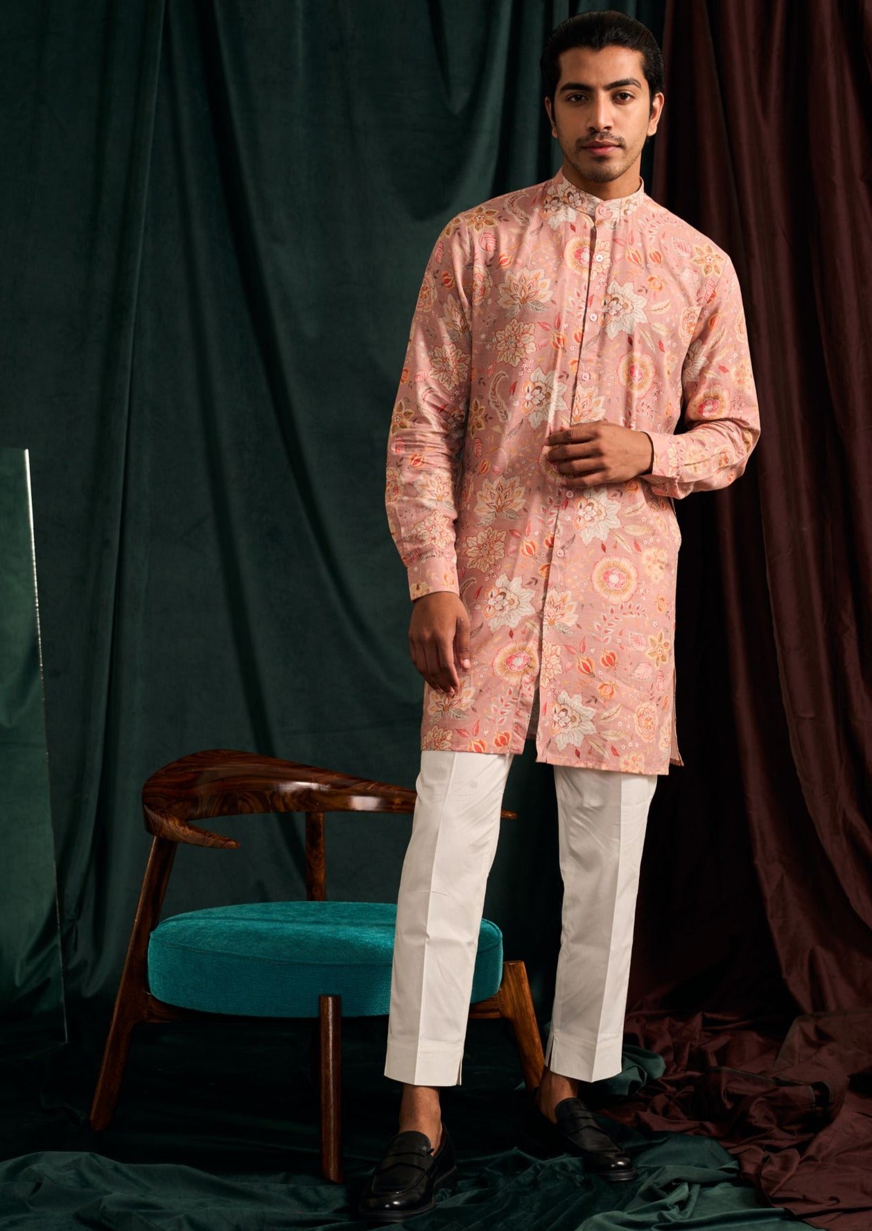 Rose Versailles Cotton Linen Kurta with Cream Pajama