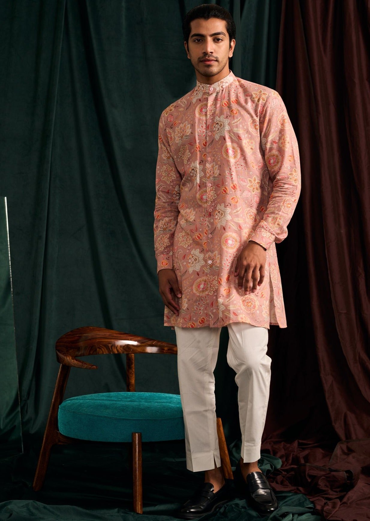 Rose Versailles Cotton Linen Kurta with Cream Pajama
