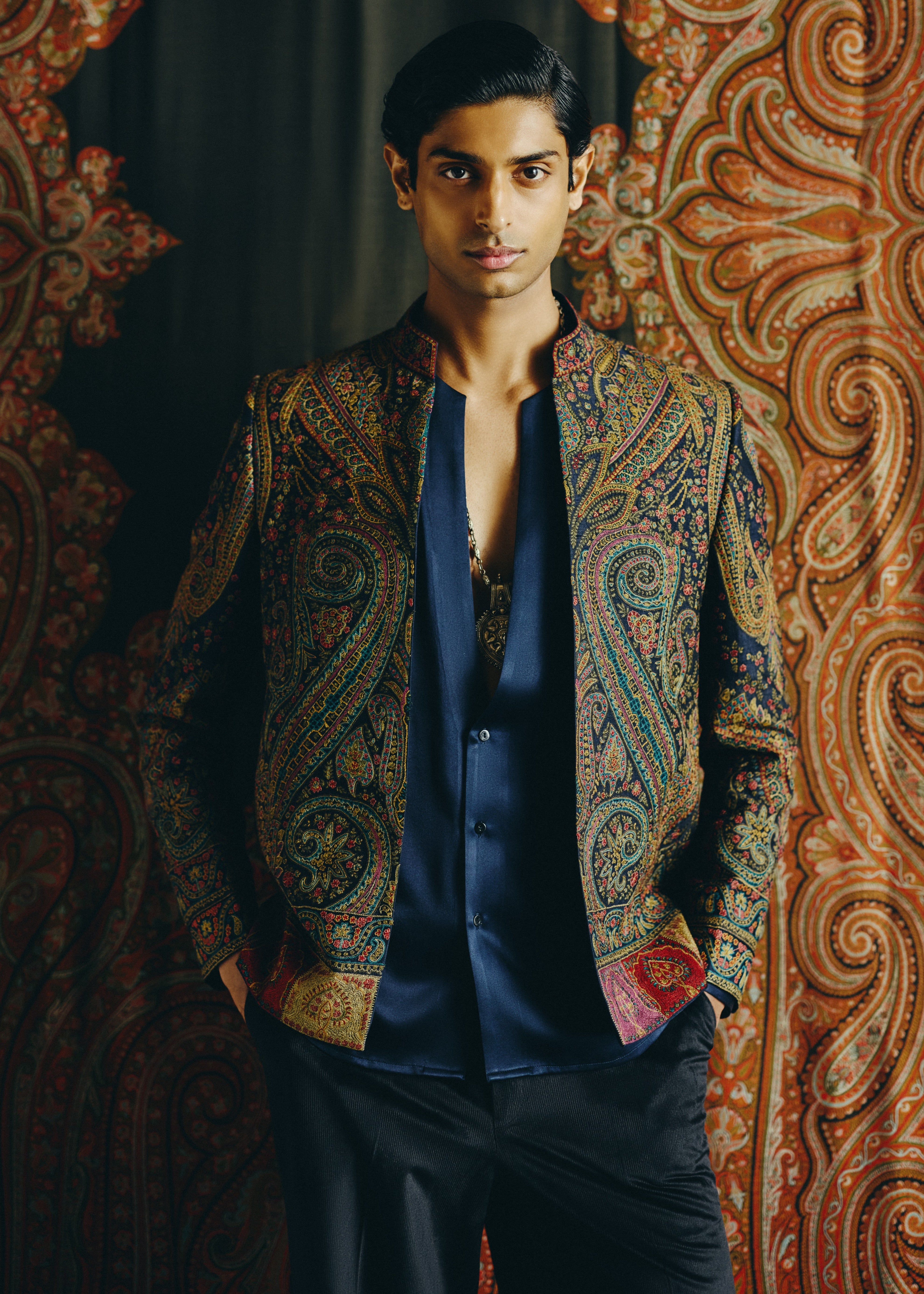 Safar Kashida Open Jacket, Shirt And Pant Set