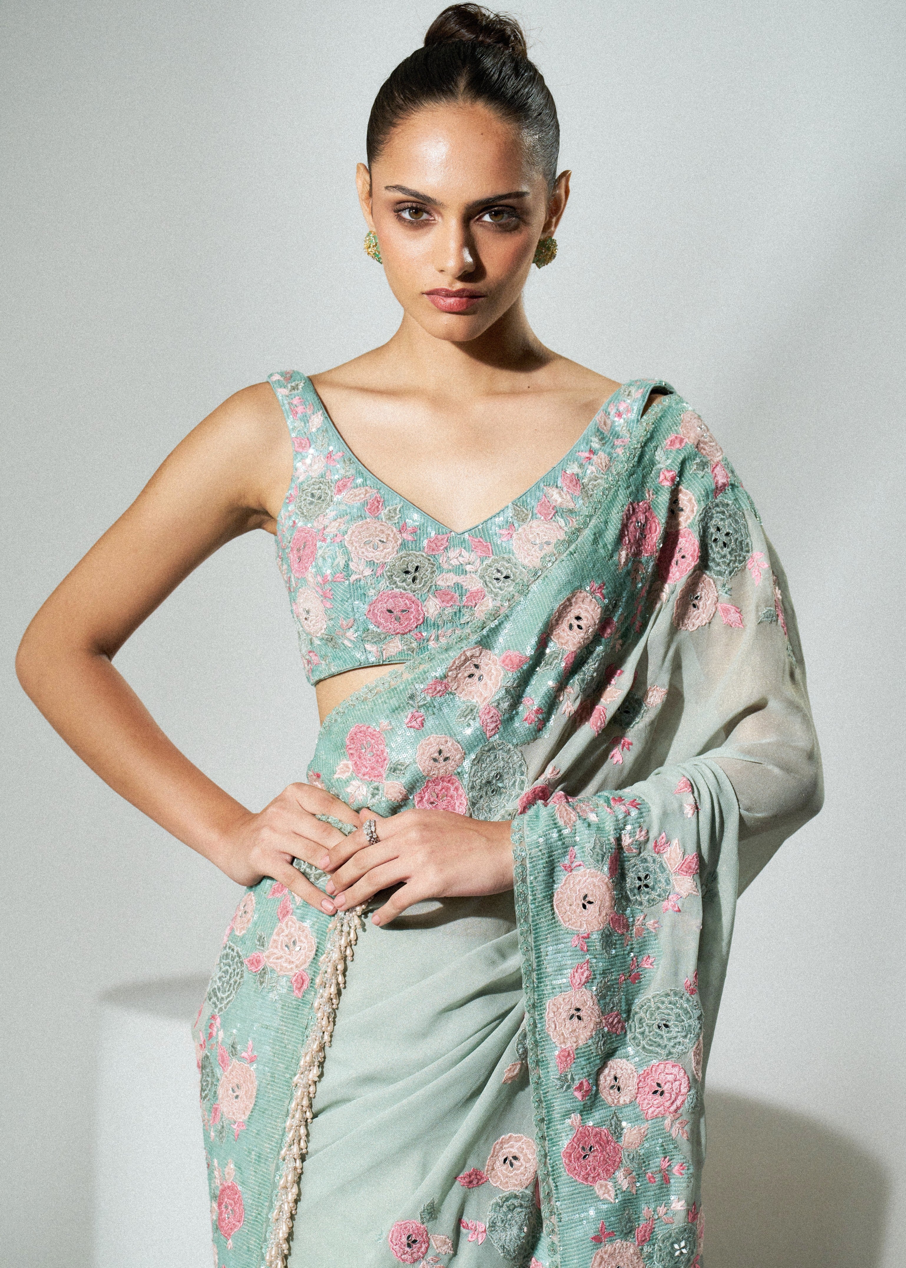 Sage Green Applique Work Sari