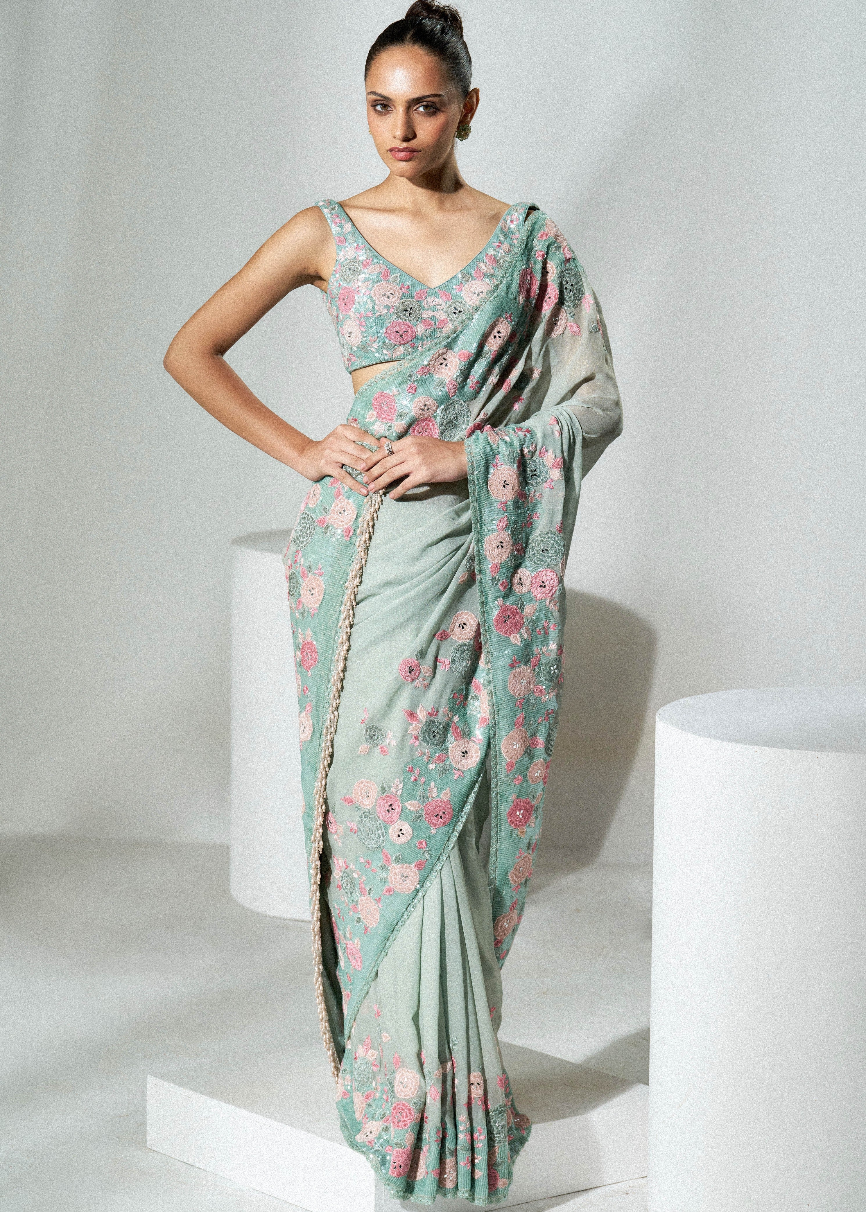 Sage Green Applique Work Sari