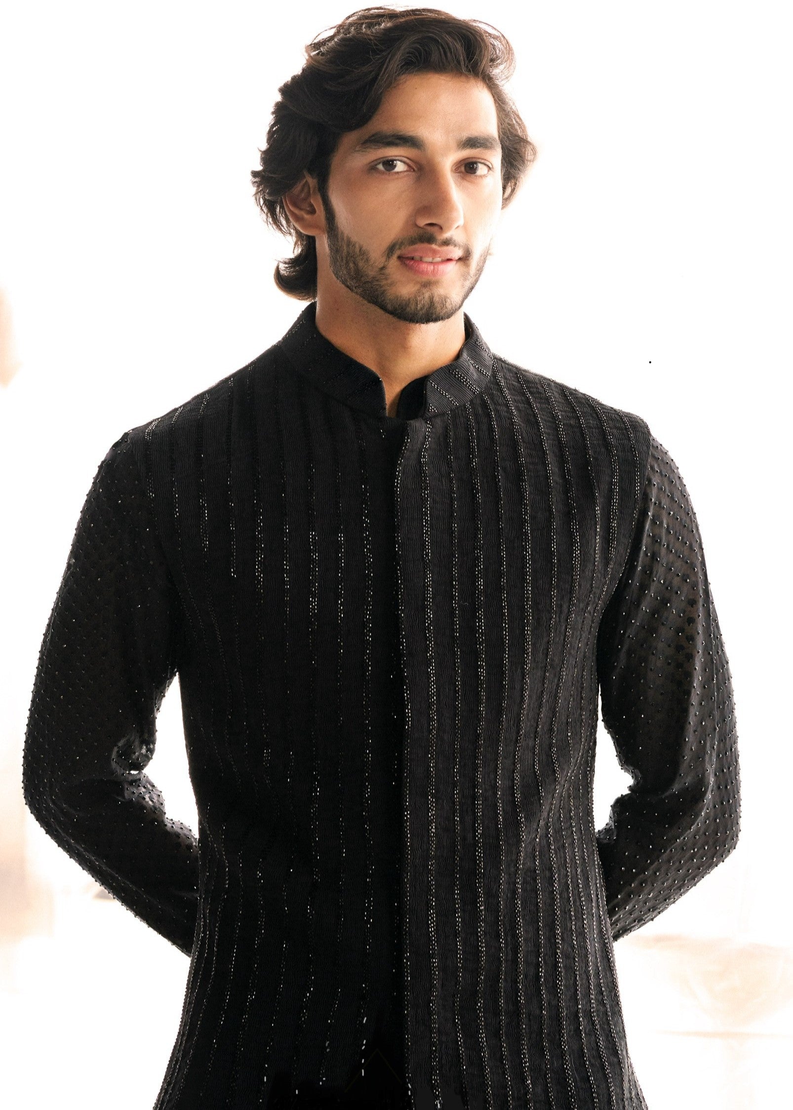 Black Cutdana Nehru Paired With Black Swarovski Kurta