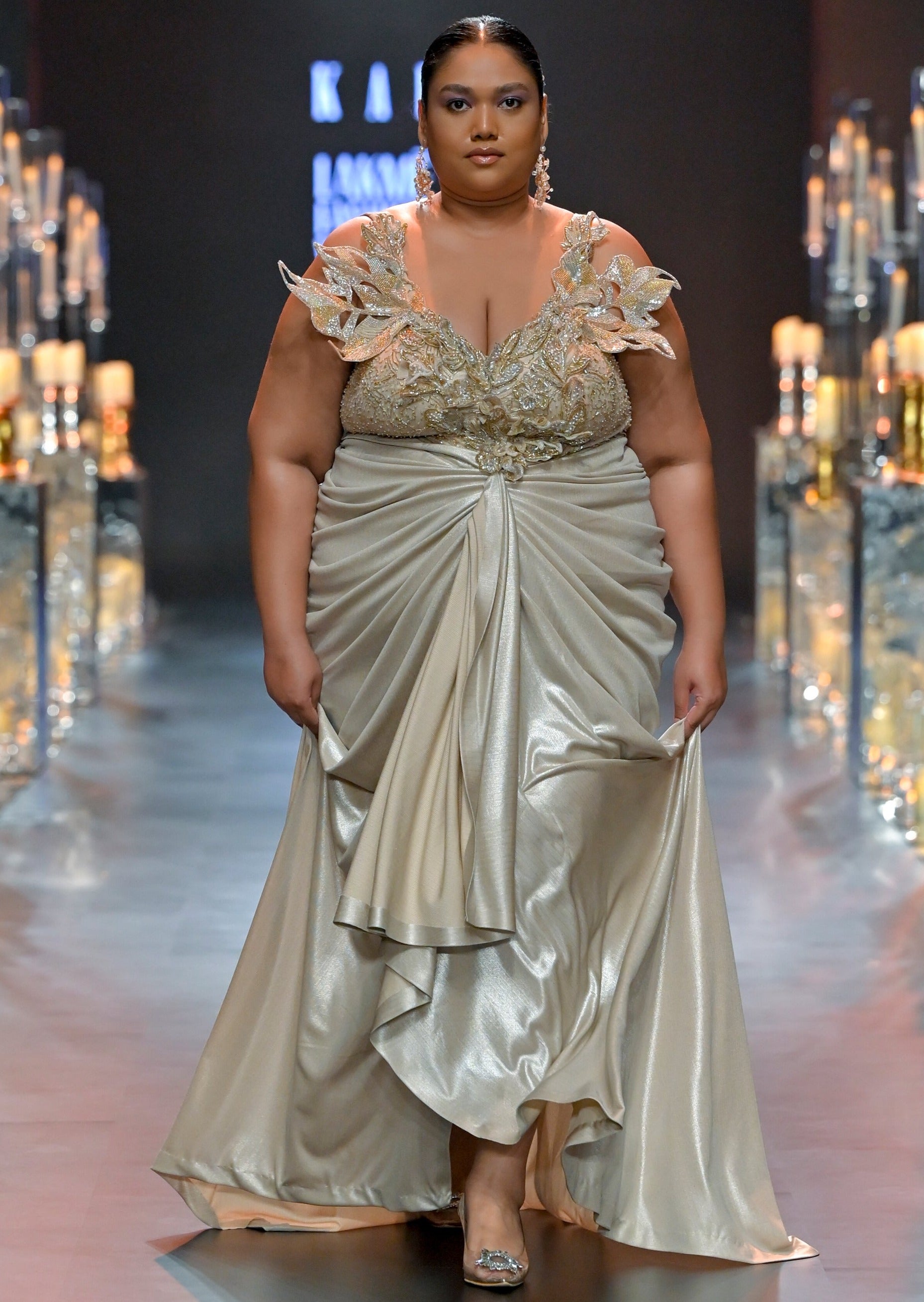 Beige Dhoti Draped Gown In Art Silk with 3D Patchwork