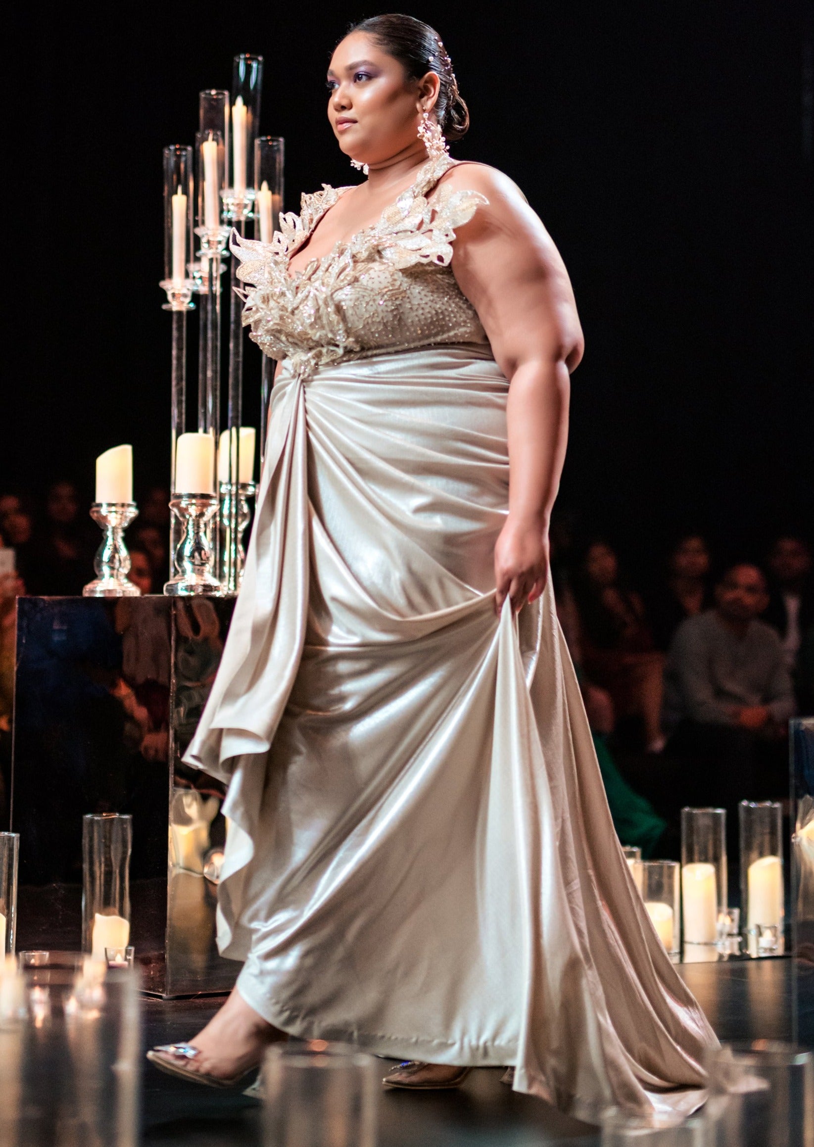 Beige Dhoti Draped Gown In Art Silk with 3D Patchwork