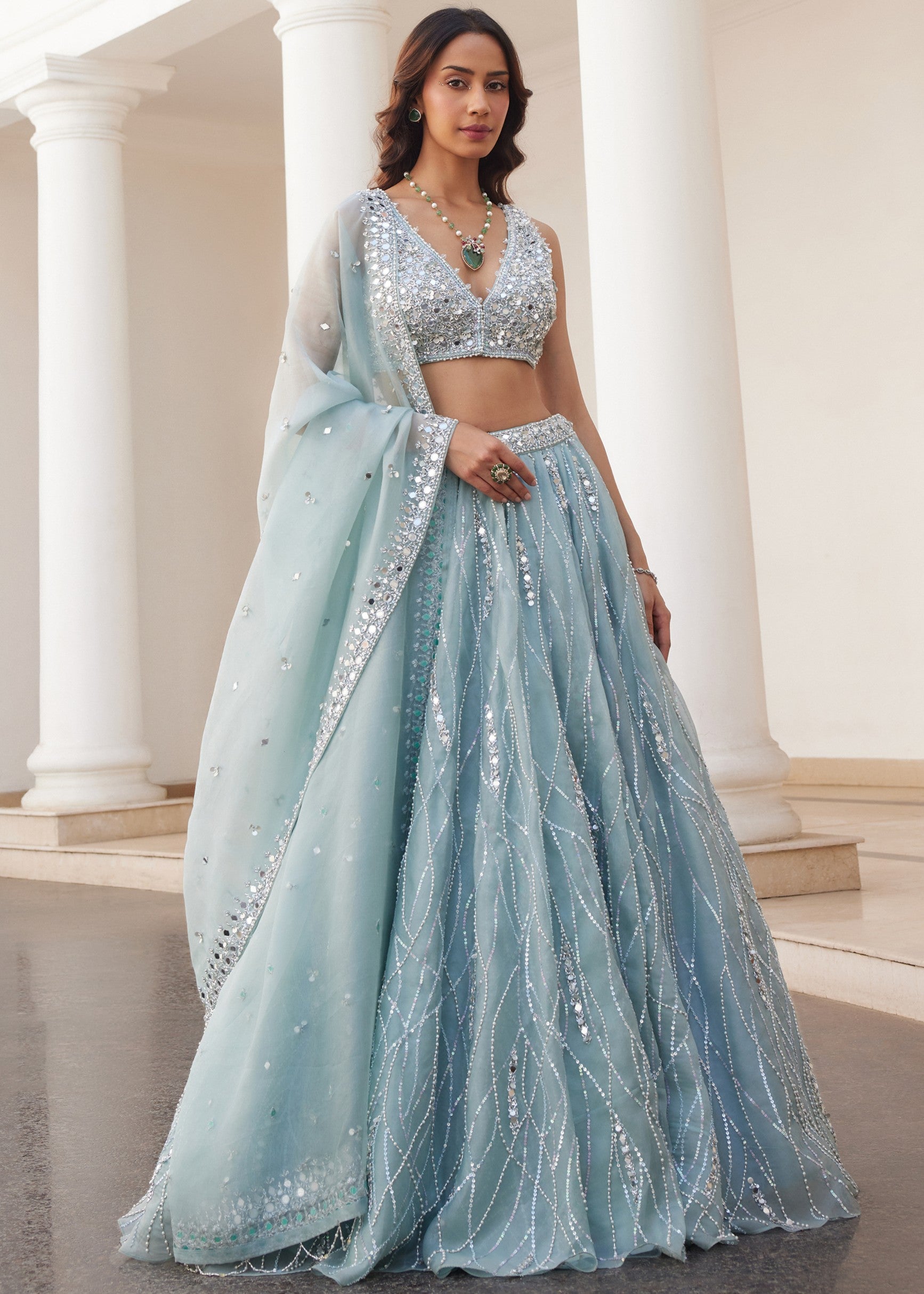organza dress lehenga Pink Floral Embroidered Organza Lehenga