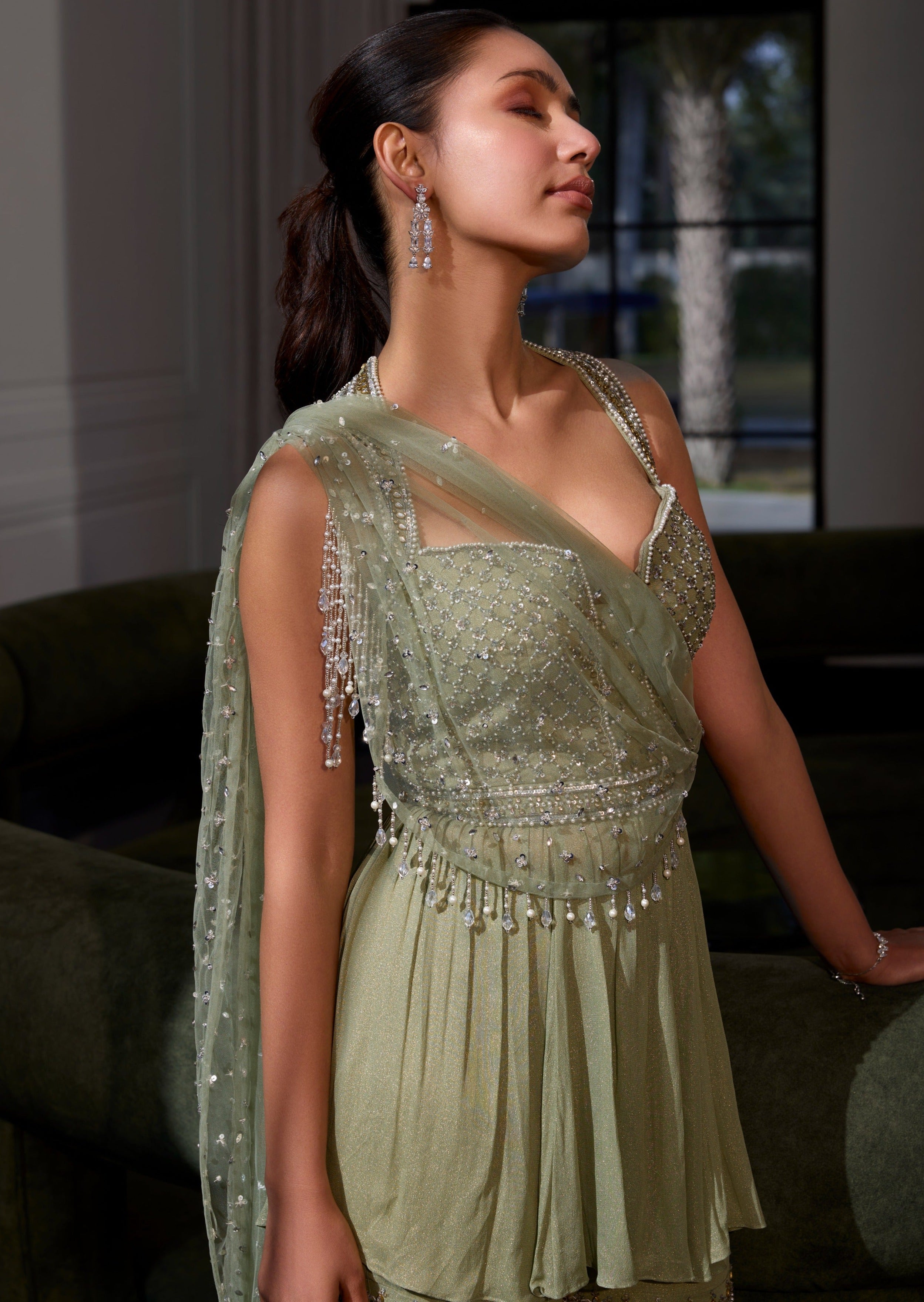 Sage Green Peplum with Drape Set