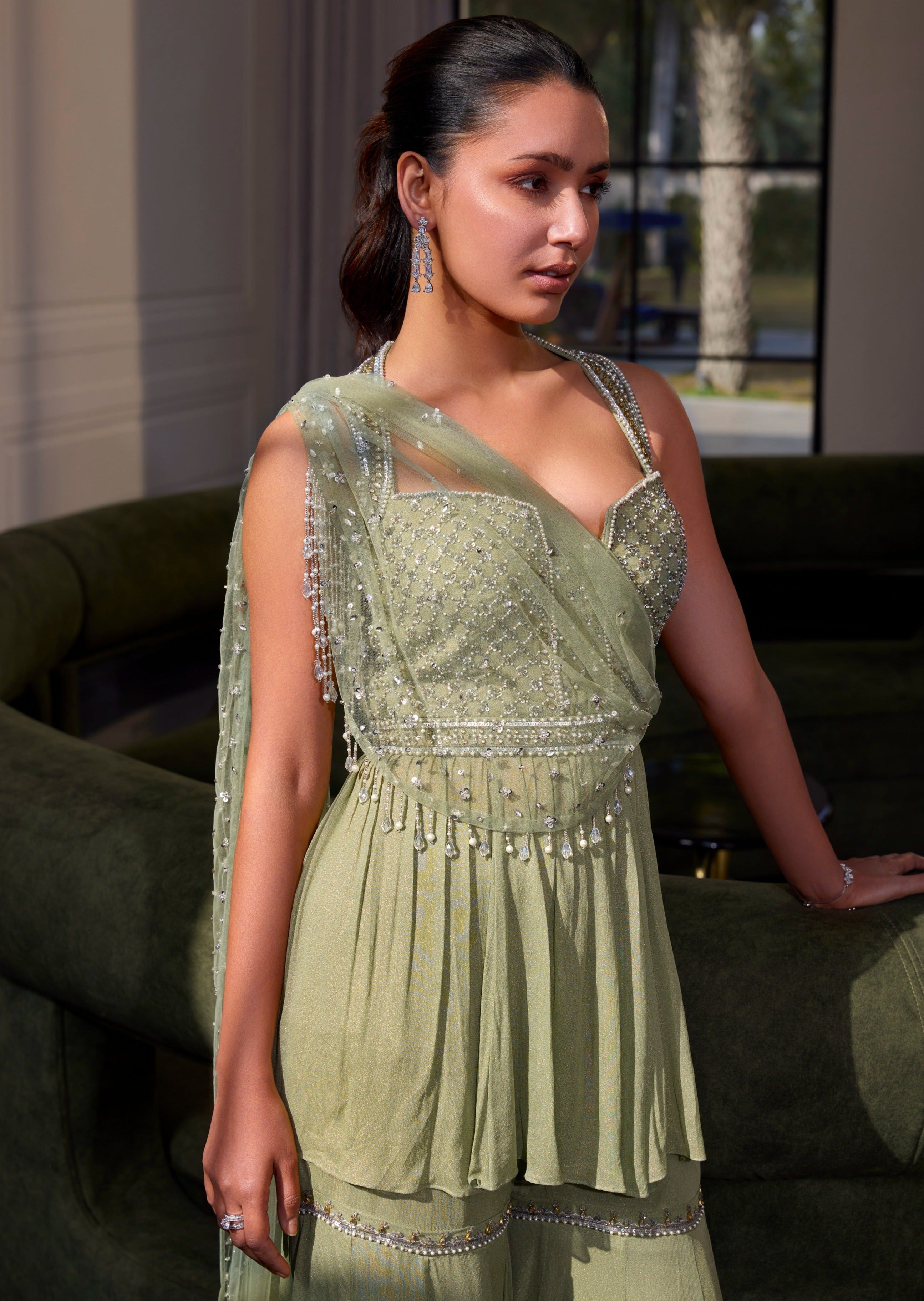 Sage Green Peplum with Drape Set