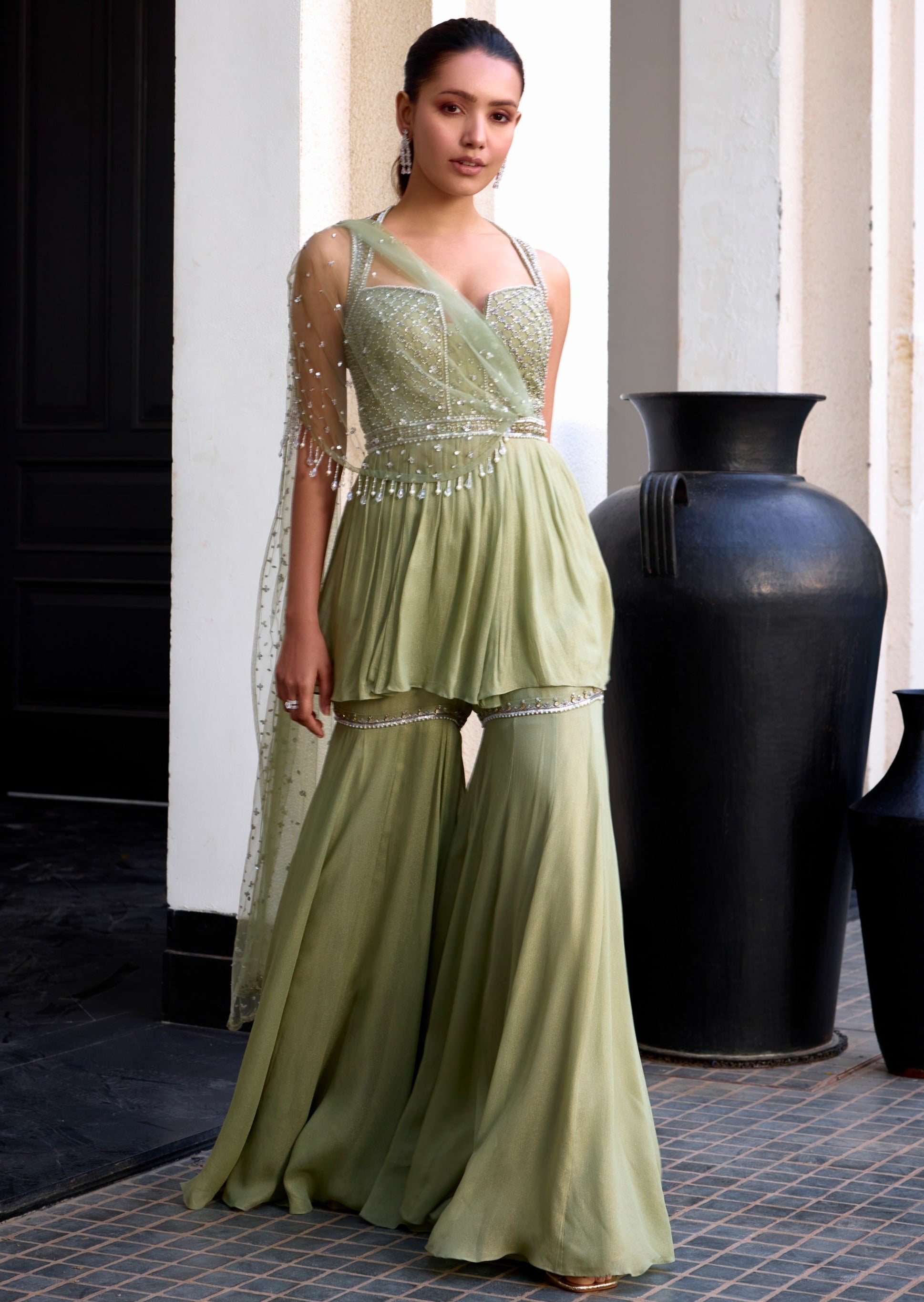 Sage Green Peplum with Drape Set