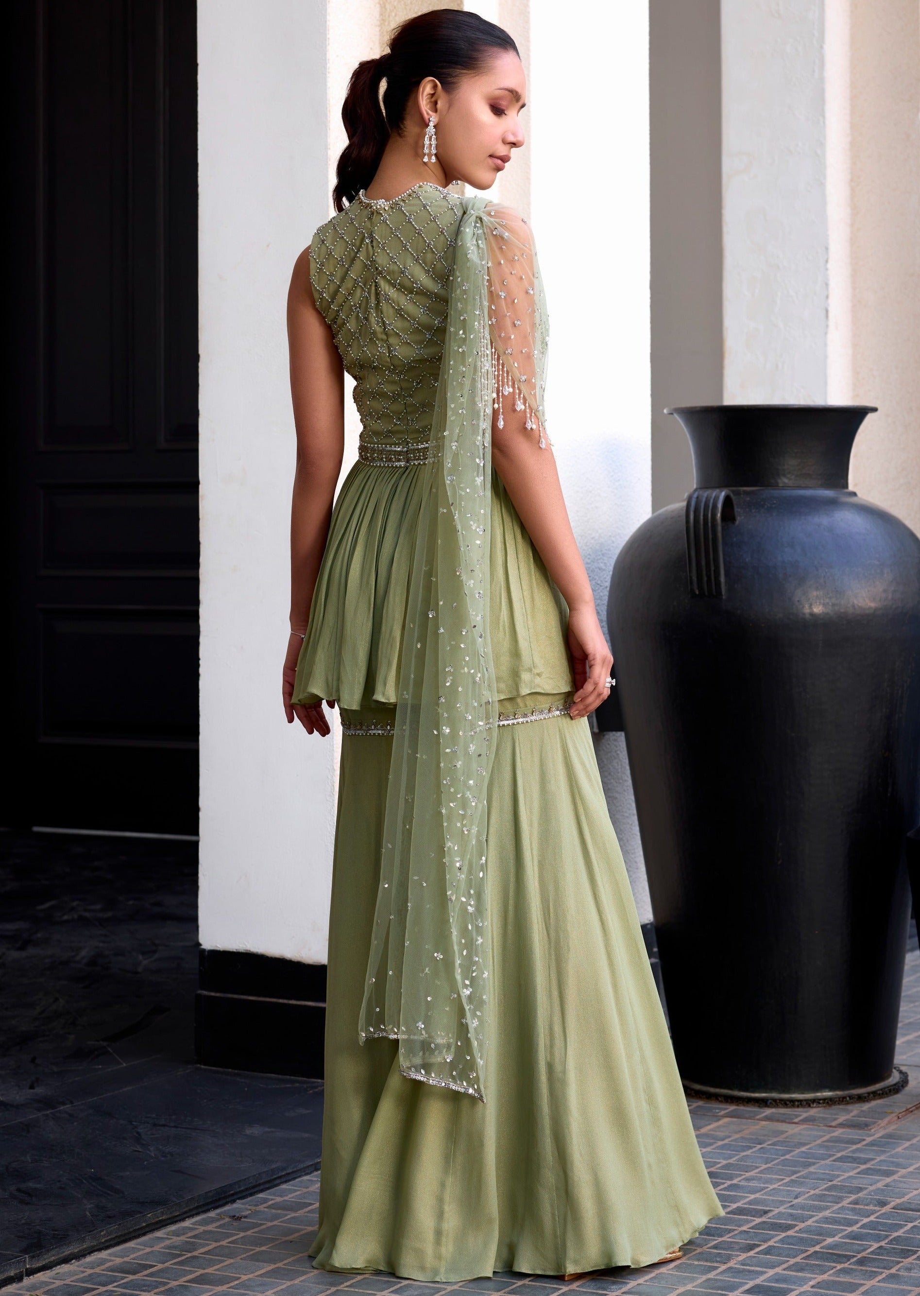 Sage Green Peplum with Drape Set