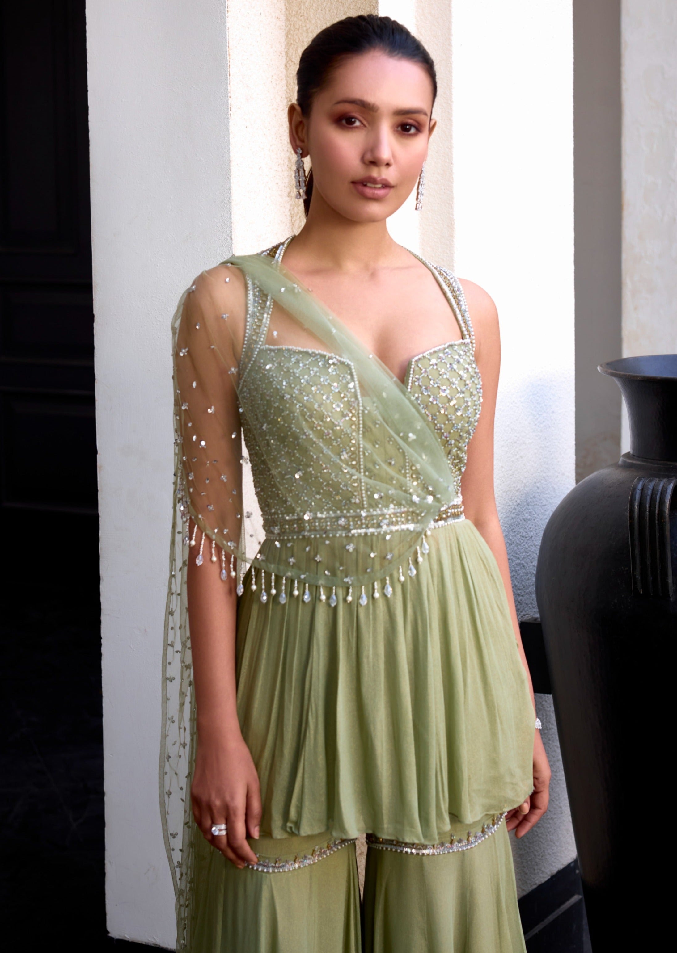 Sage Green Peplum with Drape Set