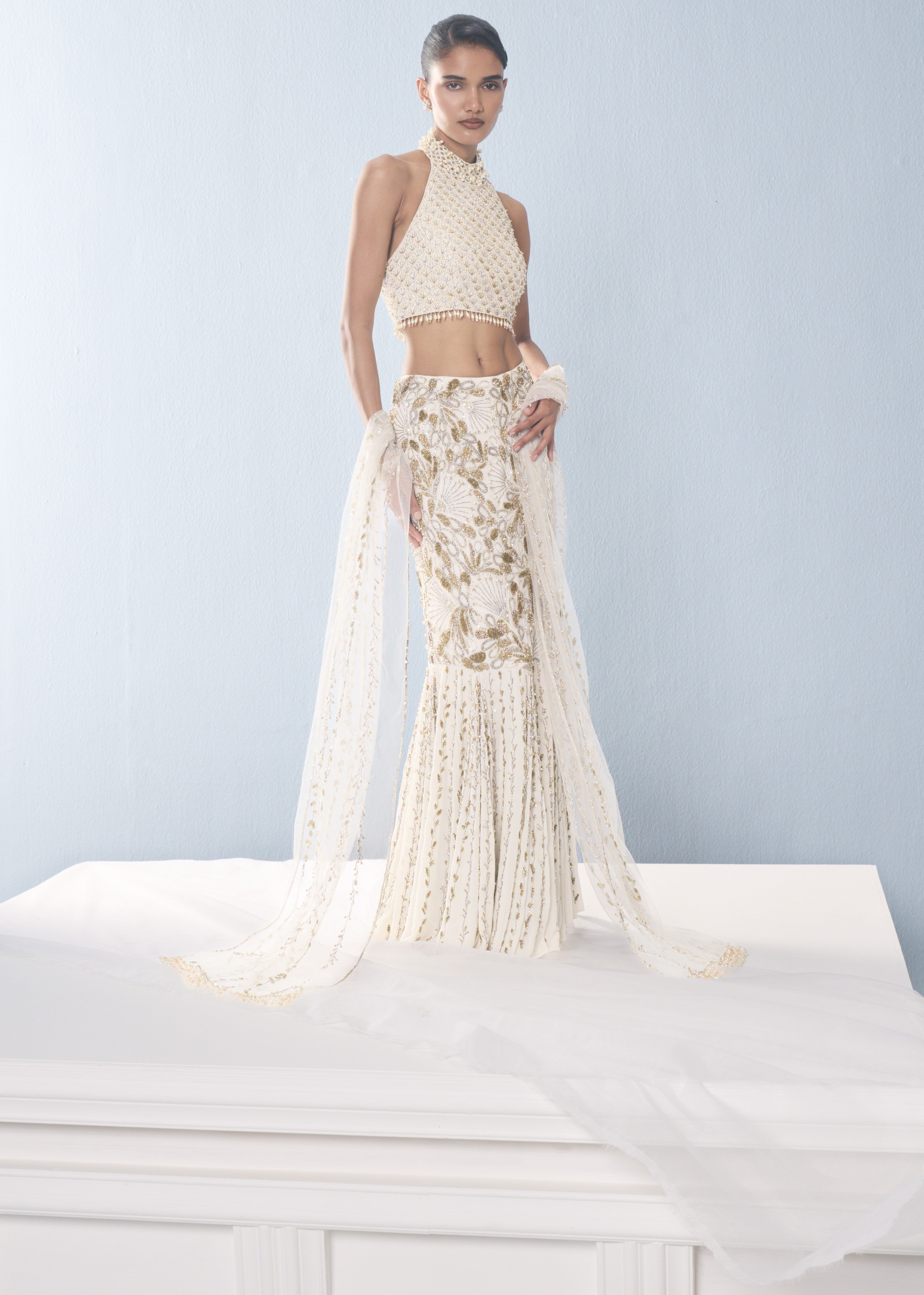 Ivory Georgette Fit And Flare Lehenga Set
