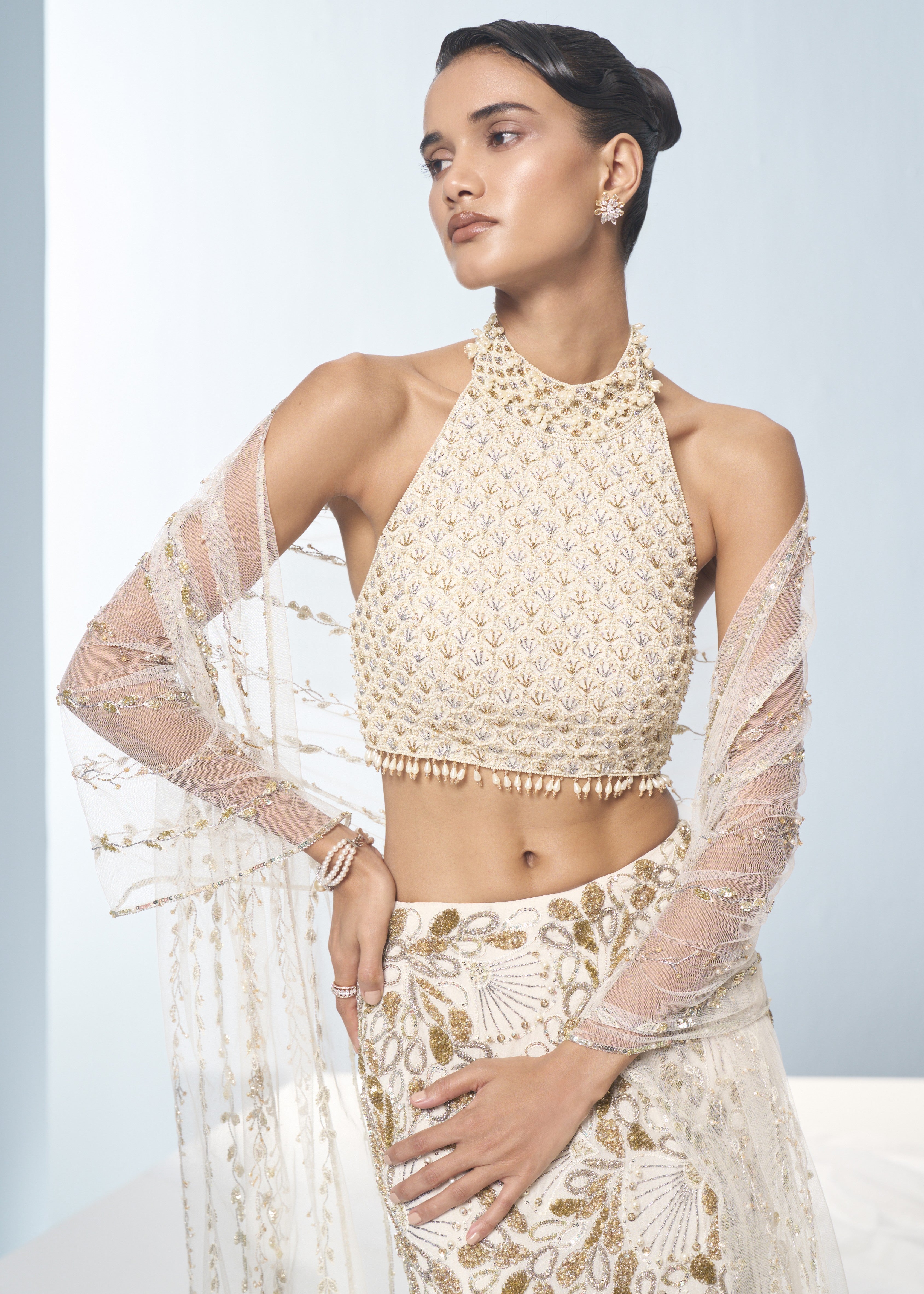 Ivory Georgette Fit And Flare Lehenga Set