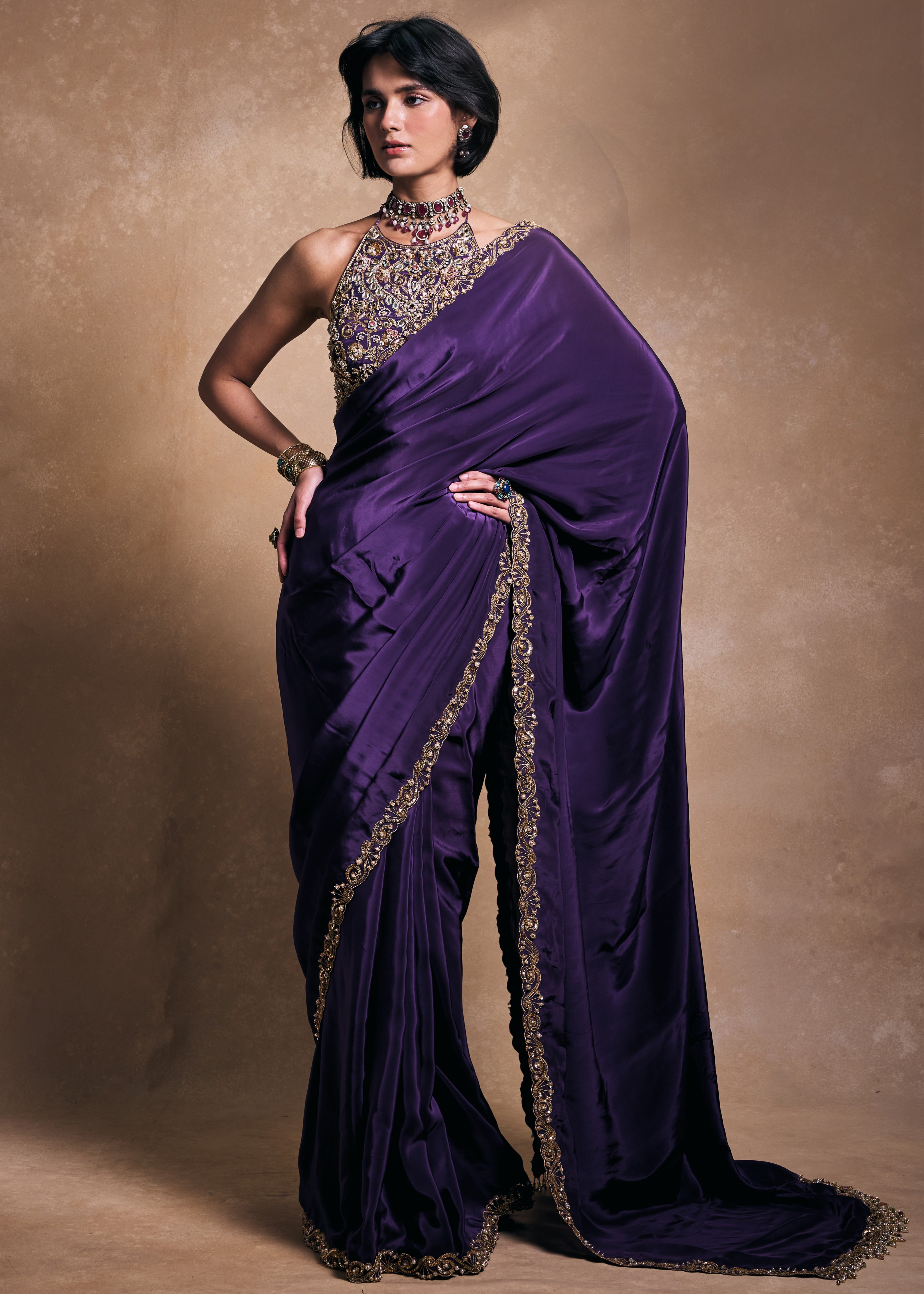 Deep Purple Crepe Sari