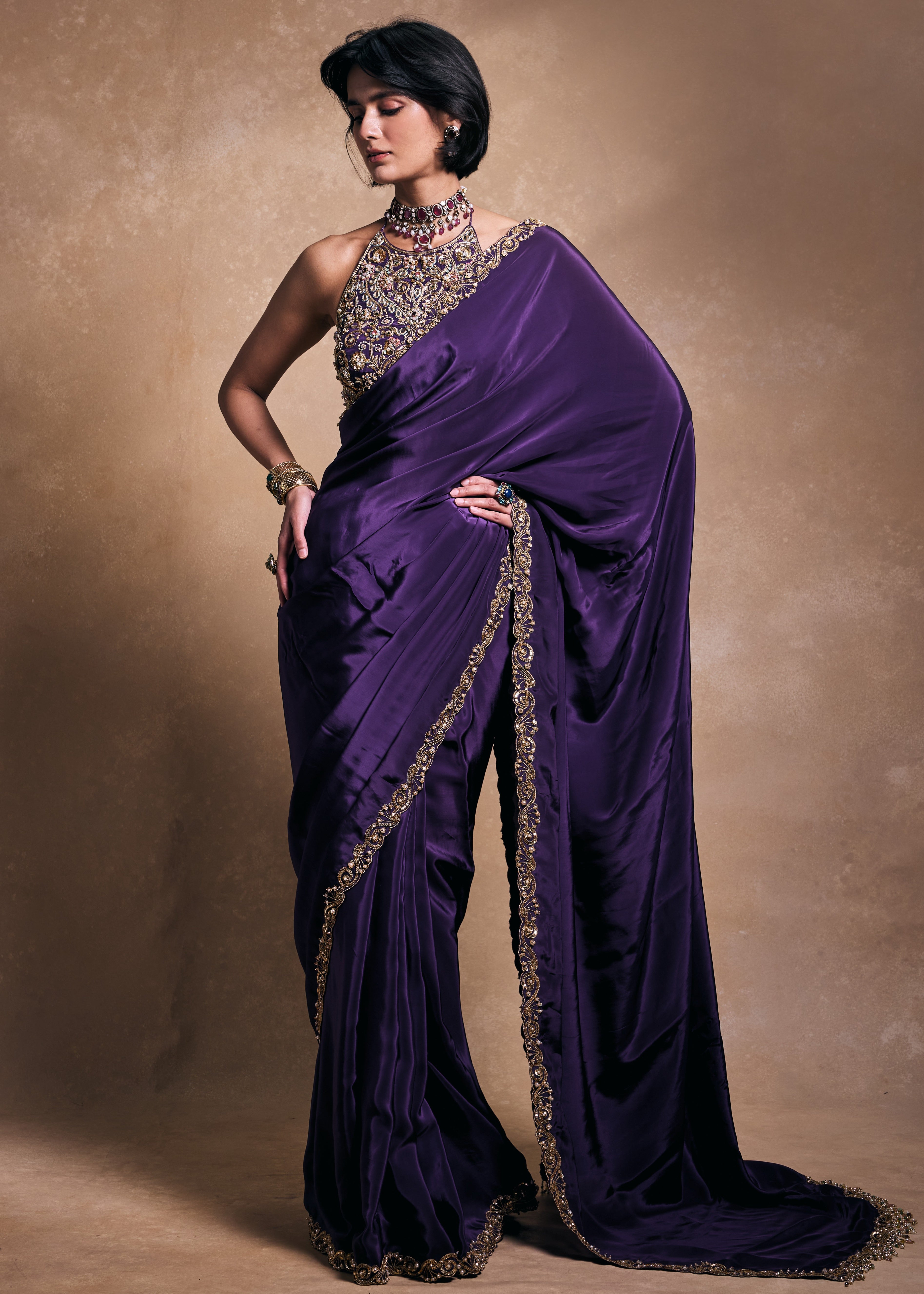 Deep Purple Crepe Sari