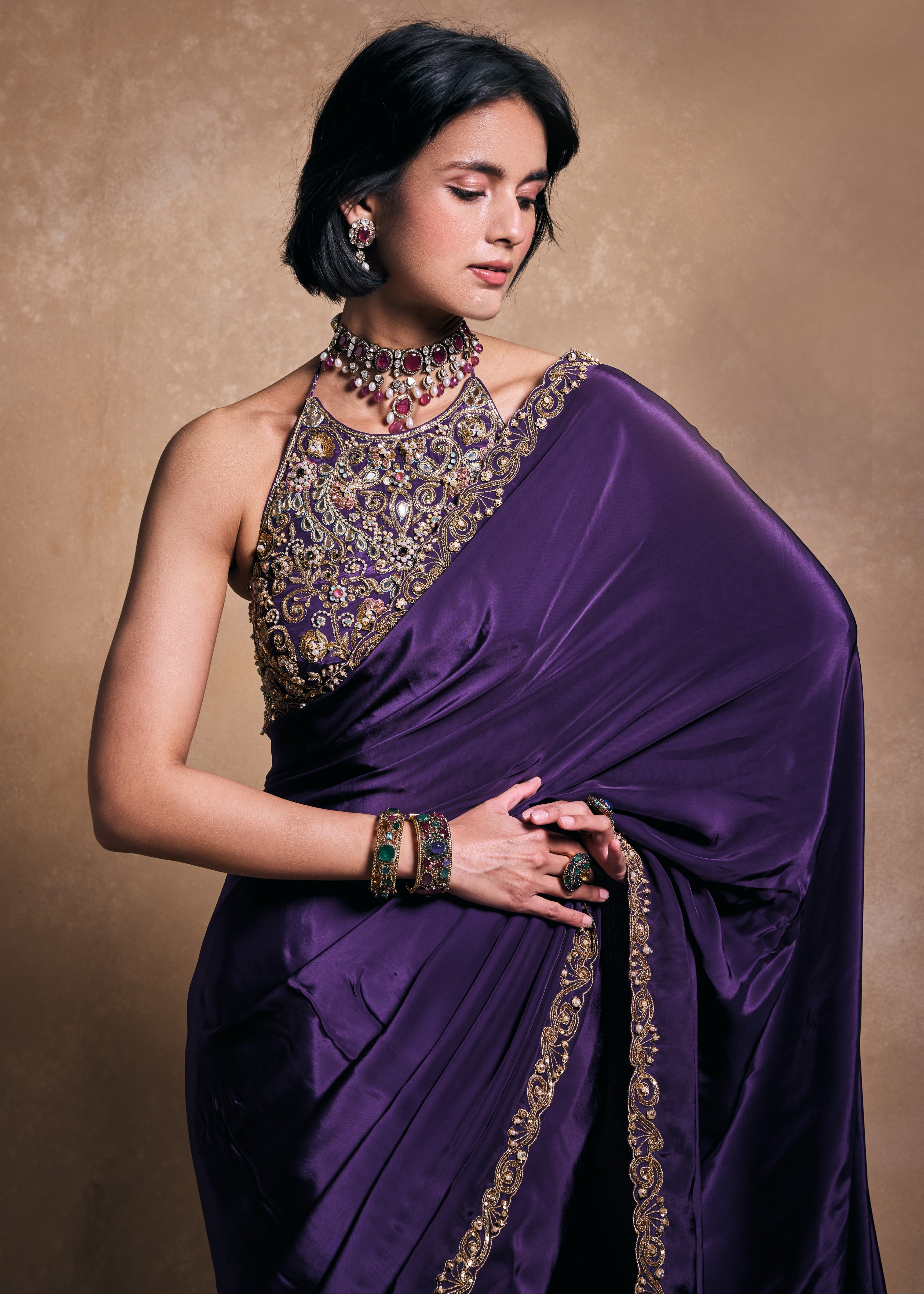 Deep Purple Crepe Sari