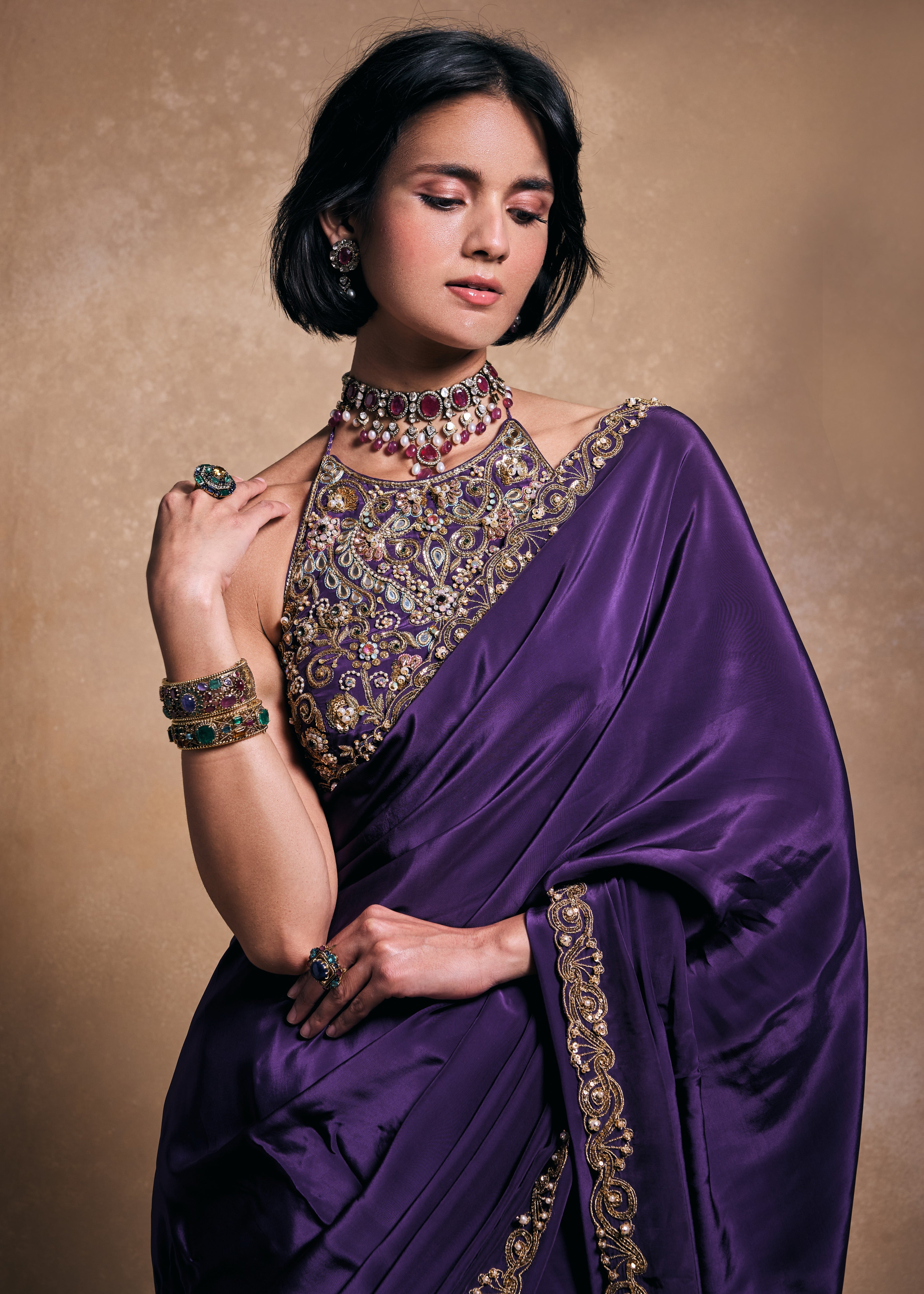 Deep Purple Crepe Sari