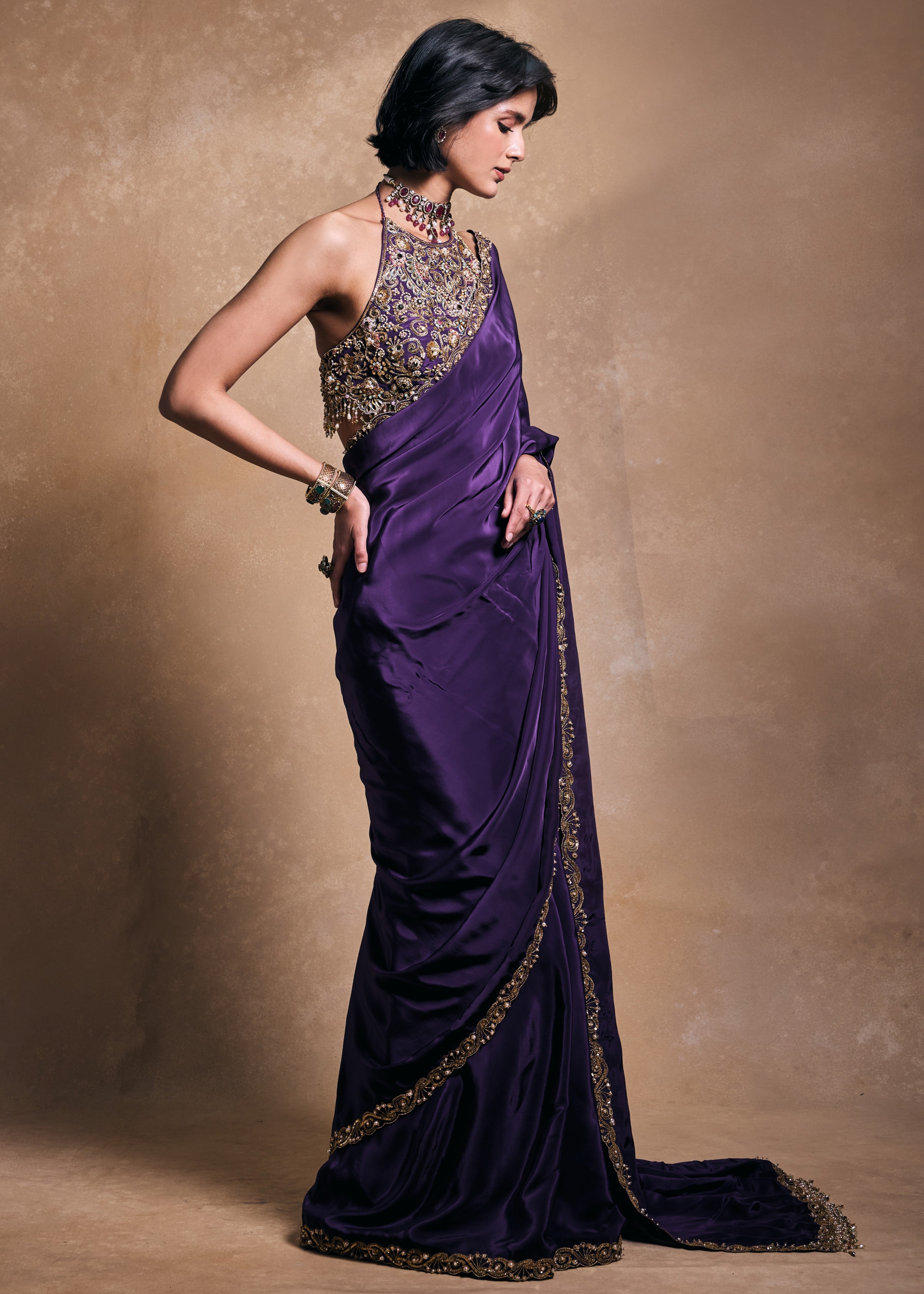 Deep Purple Crepe Sari