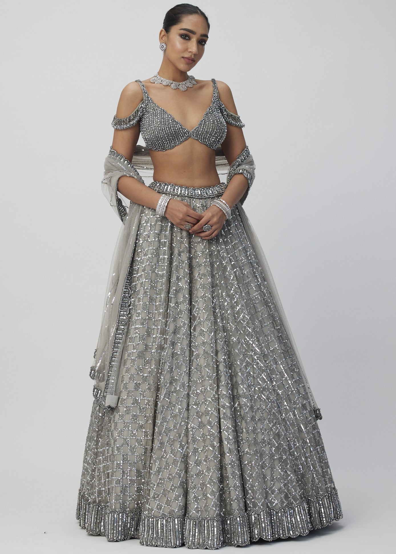 Crystal Grey Sequins Embroidered Lehenga Set