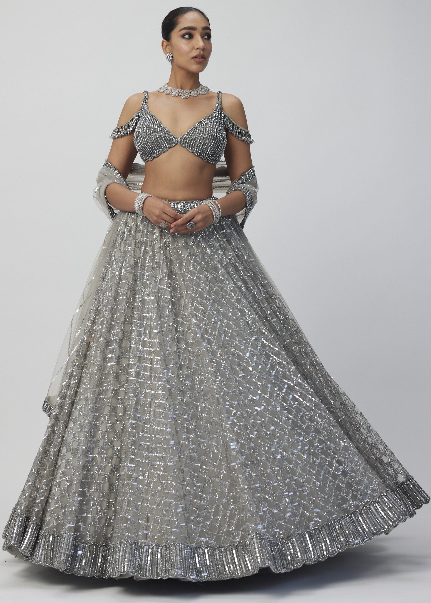 Crystal Grey Sequins Embroidered Lehenga Set