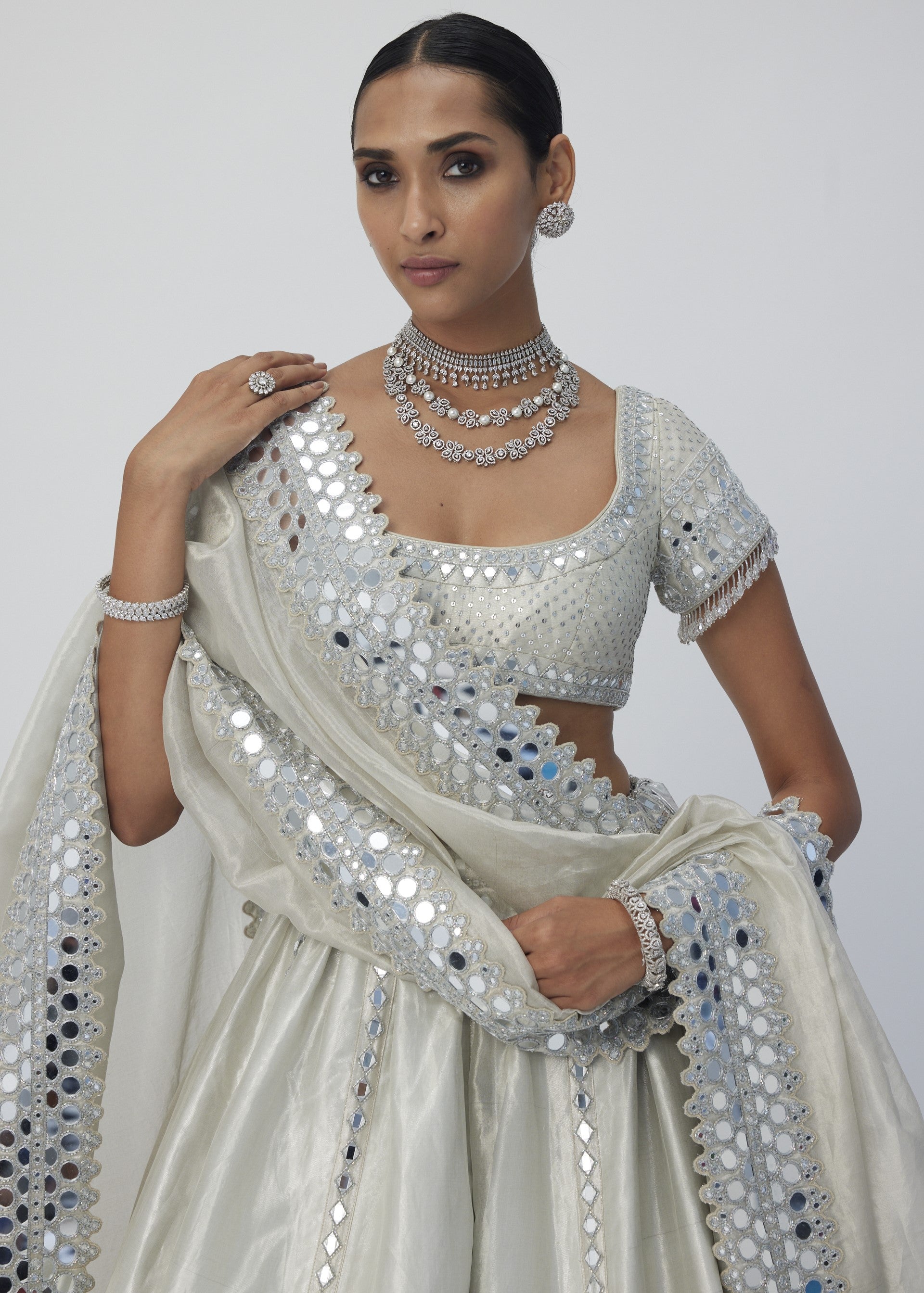 Silver Shimmer Organza Linear Lehenga Set