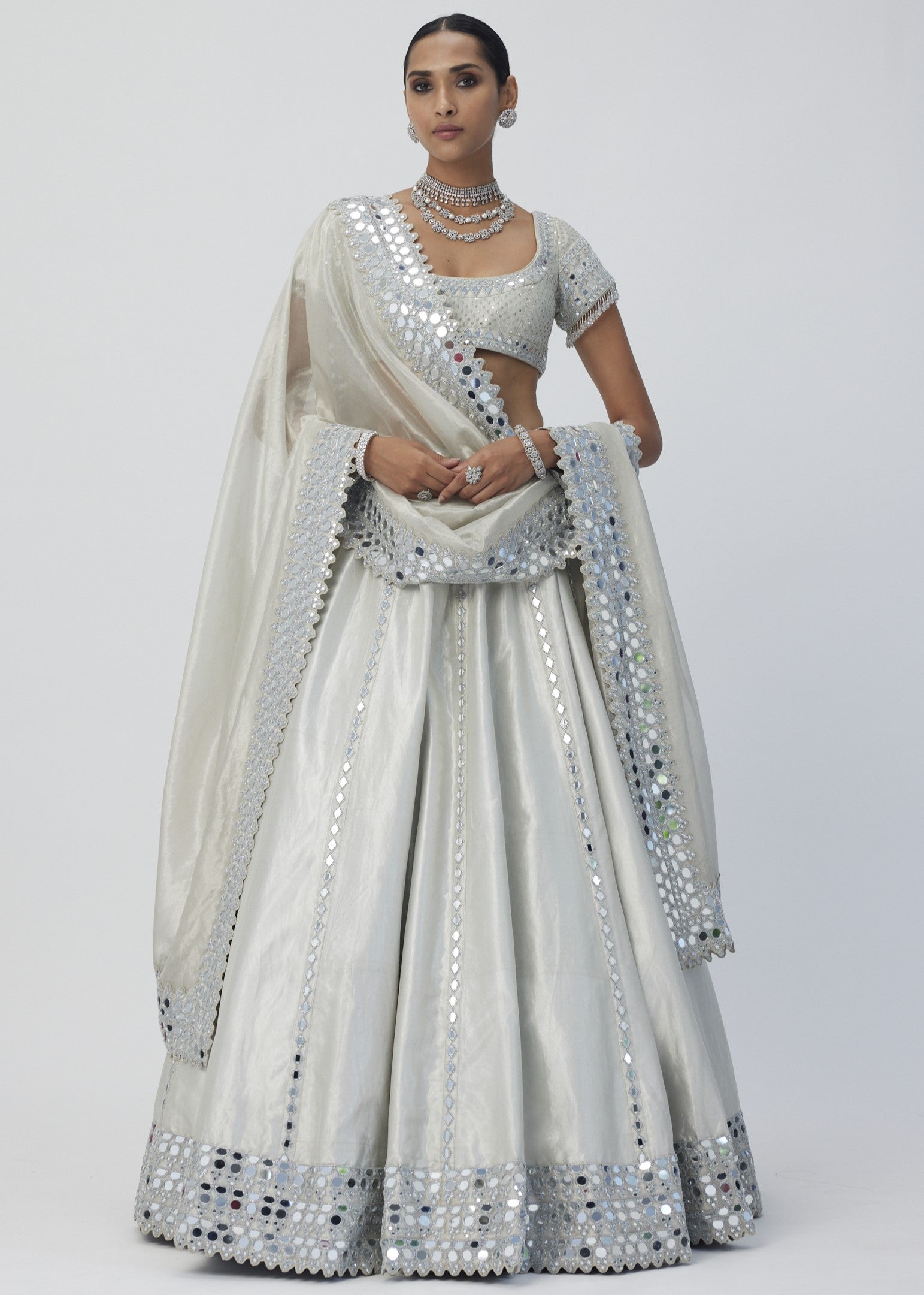 Silver Shimmer Organza Linear Lehenga Set