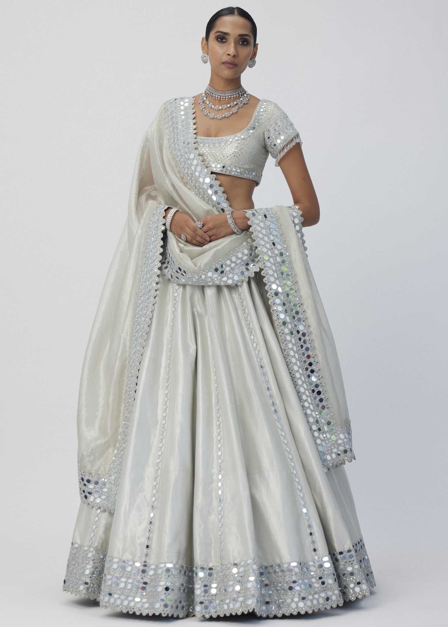 Silver Shimmer Organza Linear Lehenga Set