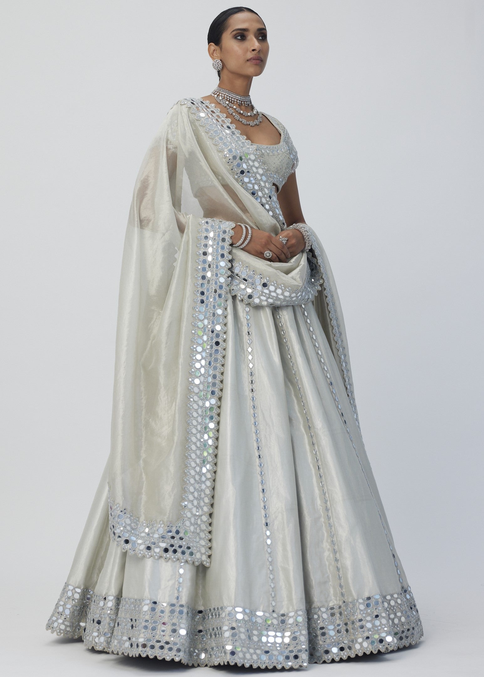 Silver Shimmer Organza Linear Lehenga Set