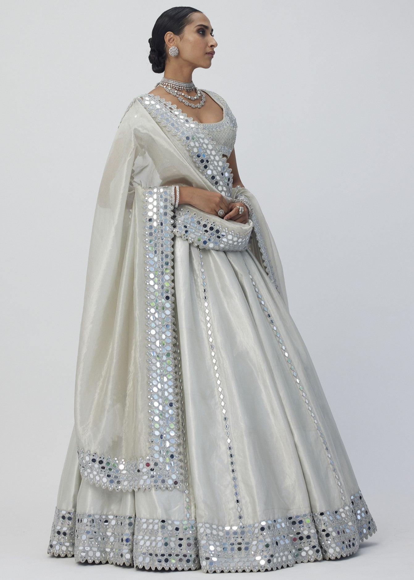Silver Shimmer Organza Linear Lehenga Set