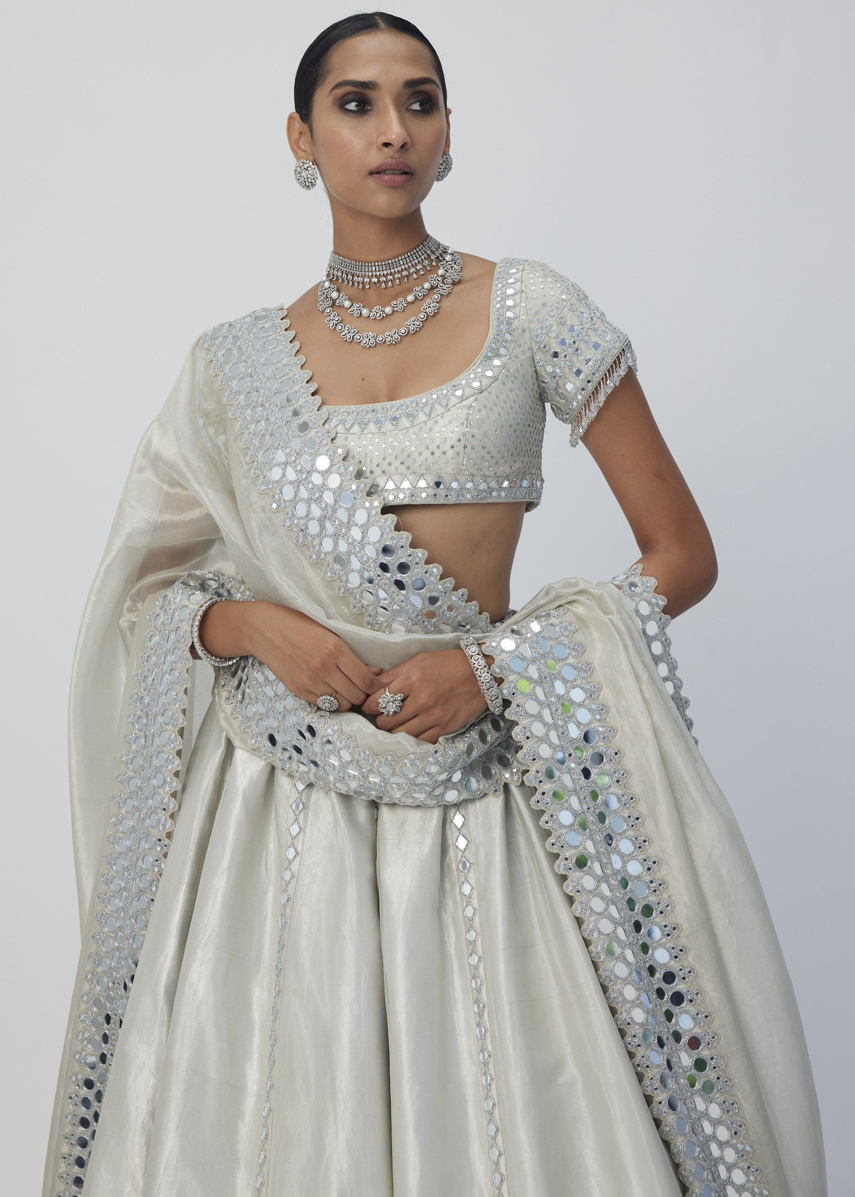 Silver Shimmer Organza Linear Lehenga Set