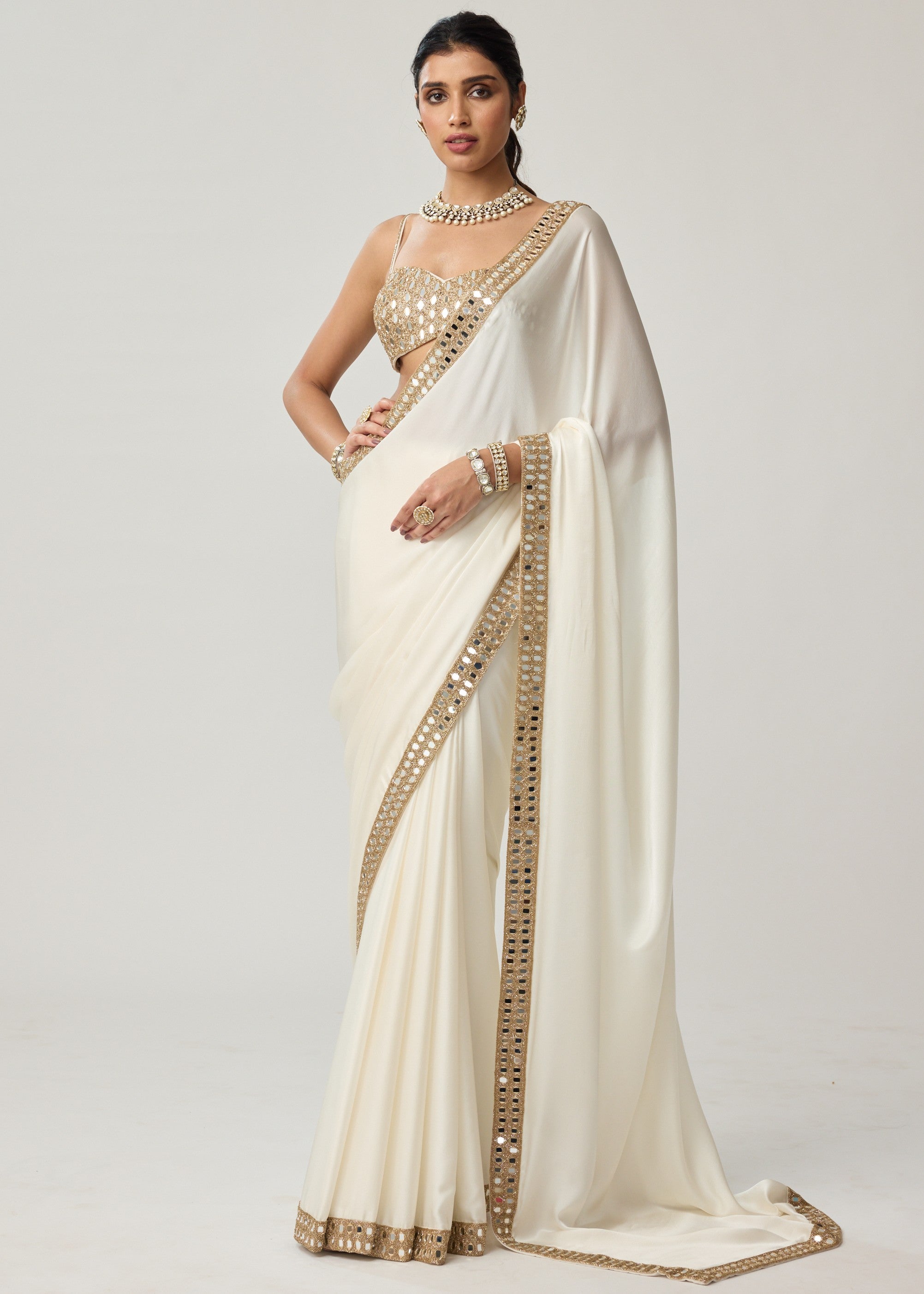 Off White Mirror Satin Sari Set