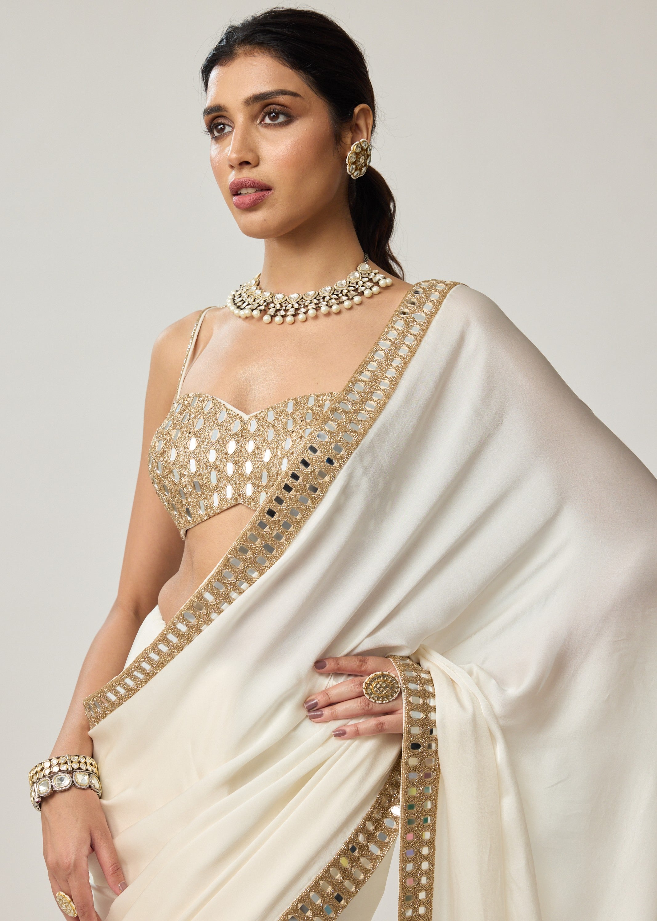Off White Mirror Satin Sari Set