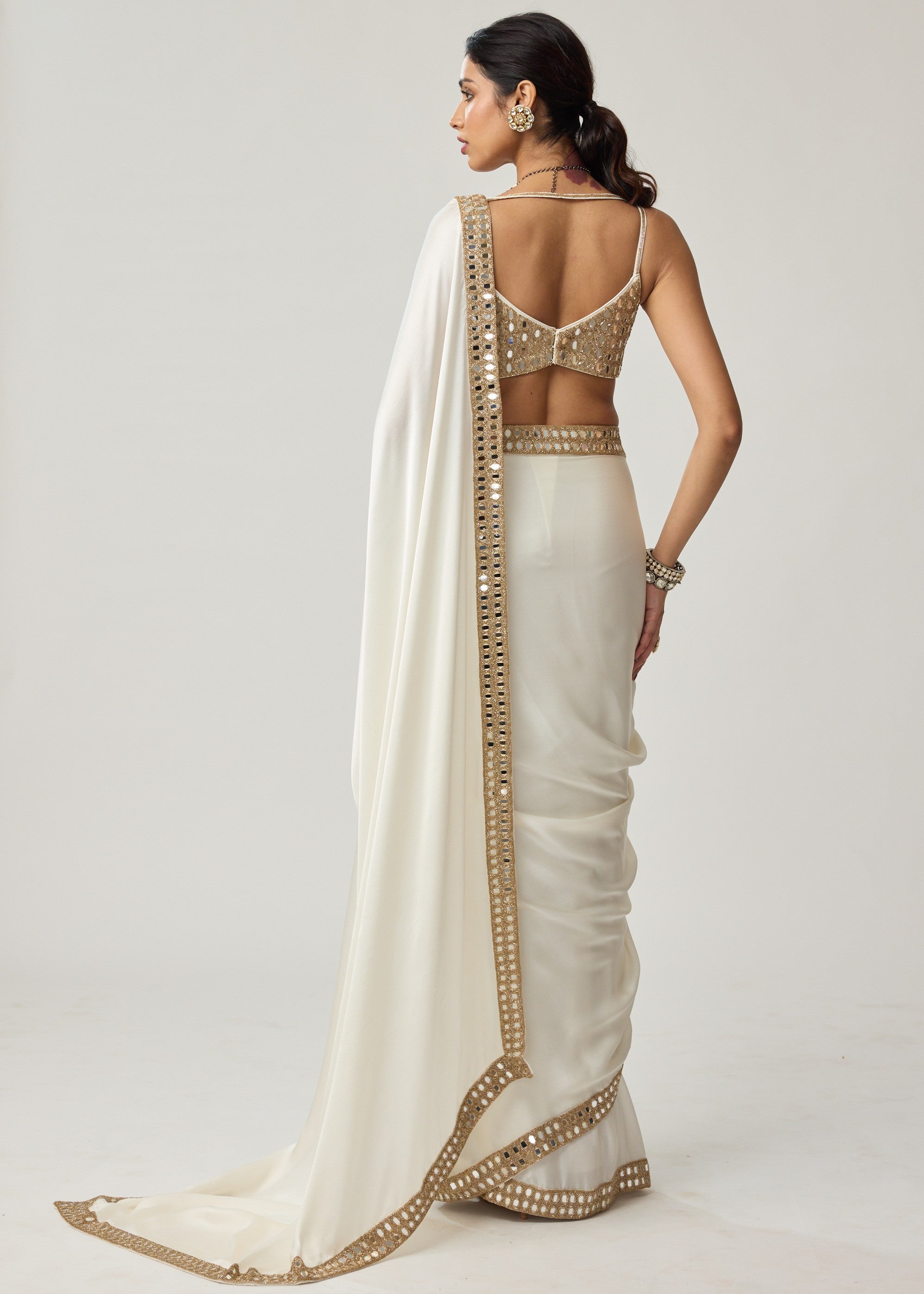 Off White Mirror Satin Sari Set