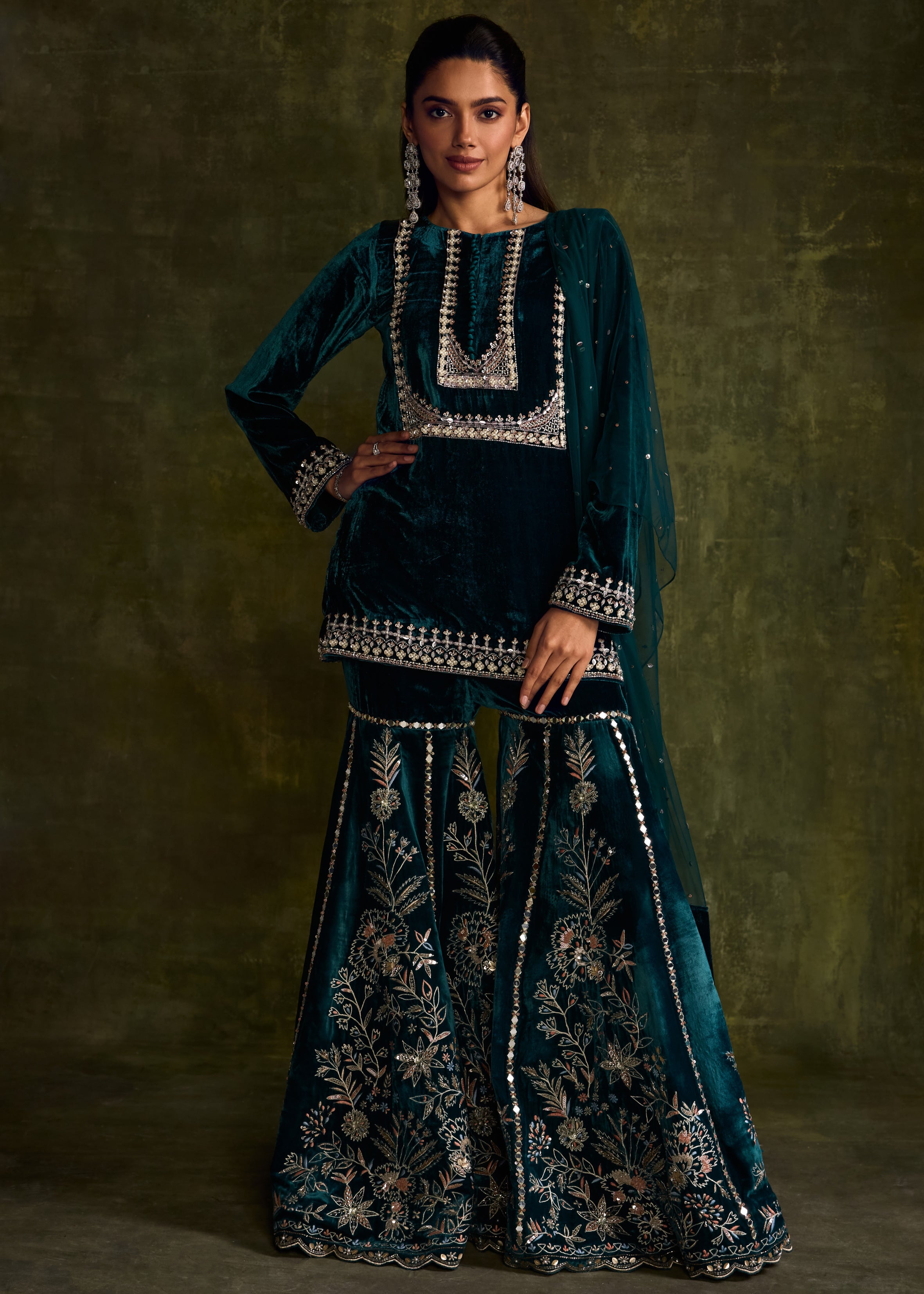 Teal Velvet Sharara Set