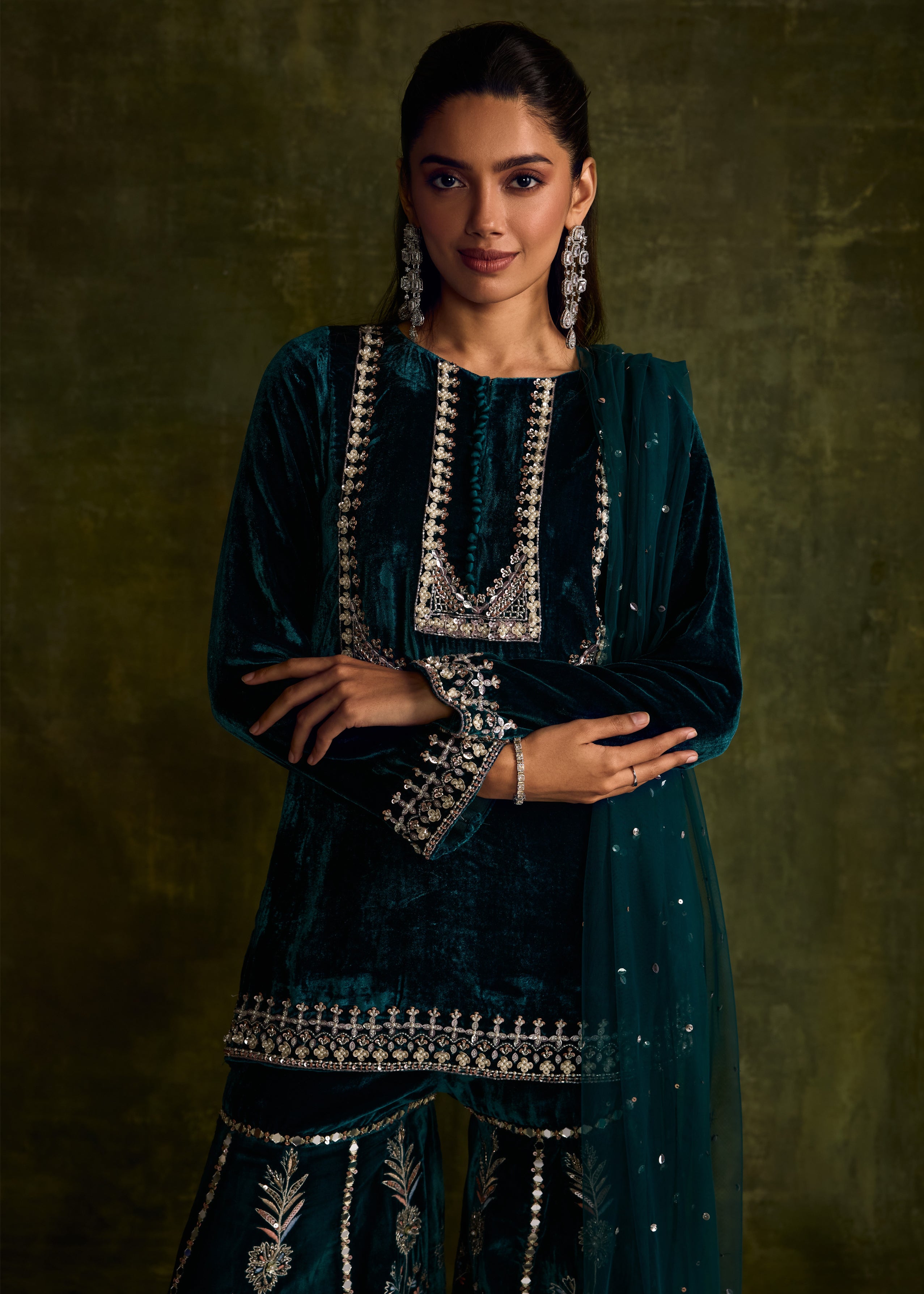 Teal Velvet Sharara Set
