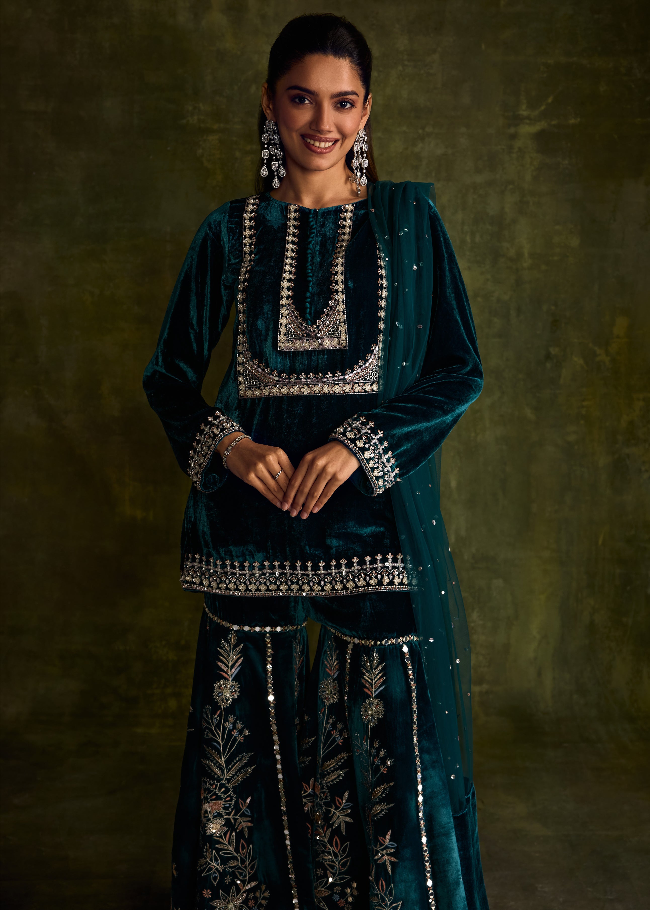 Teal Velvet Sharara Set