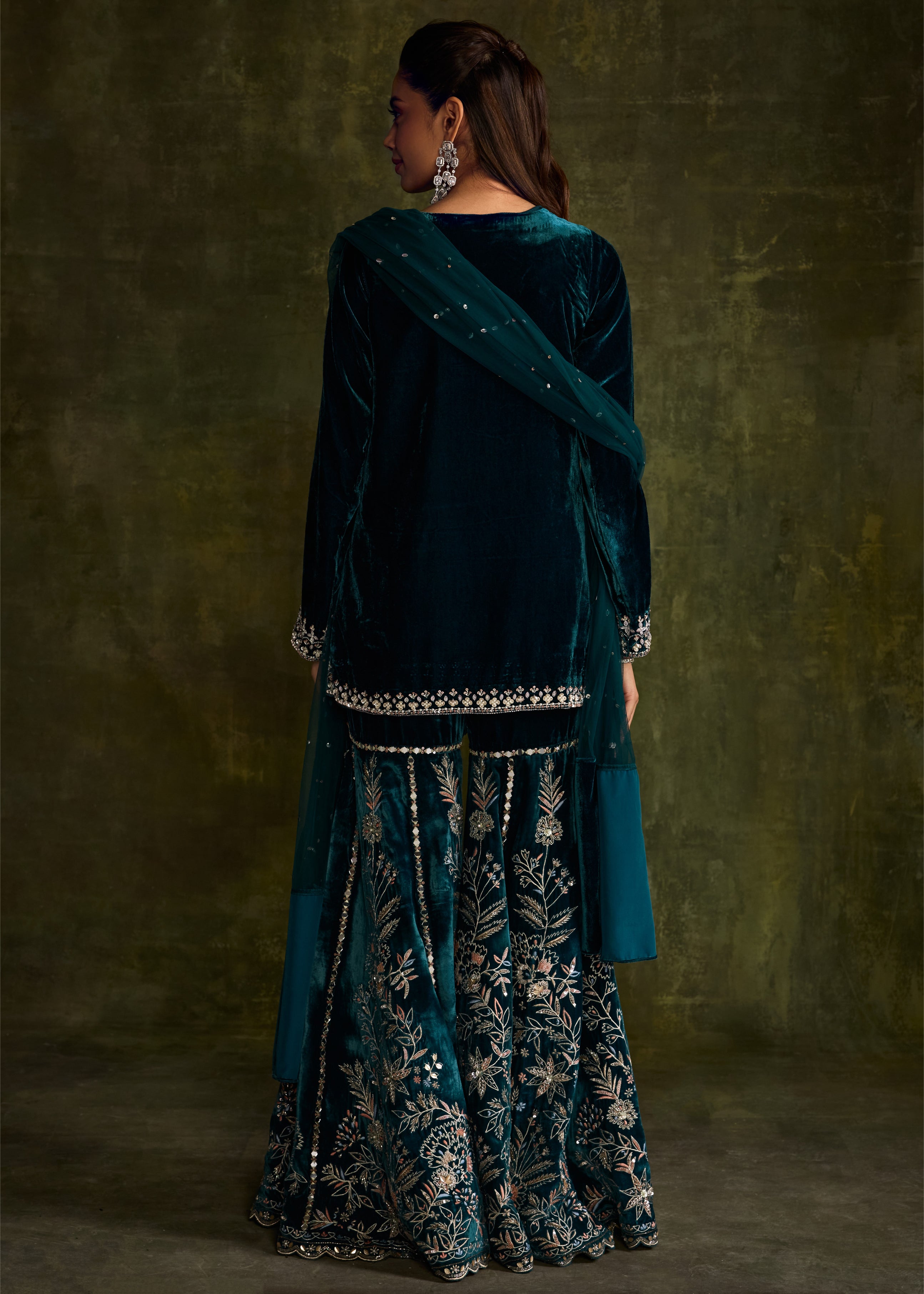 Teal Velvet Sharara Set