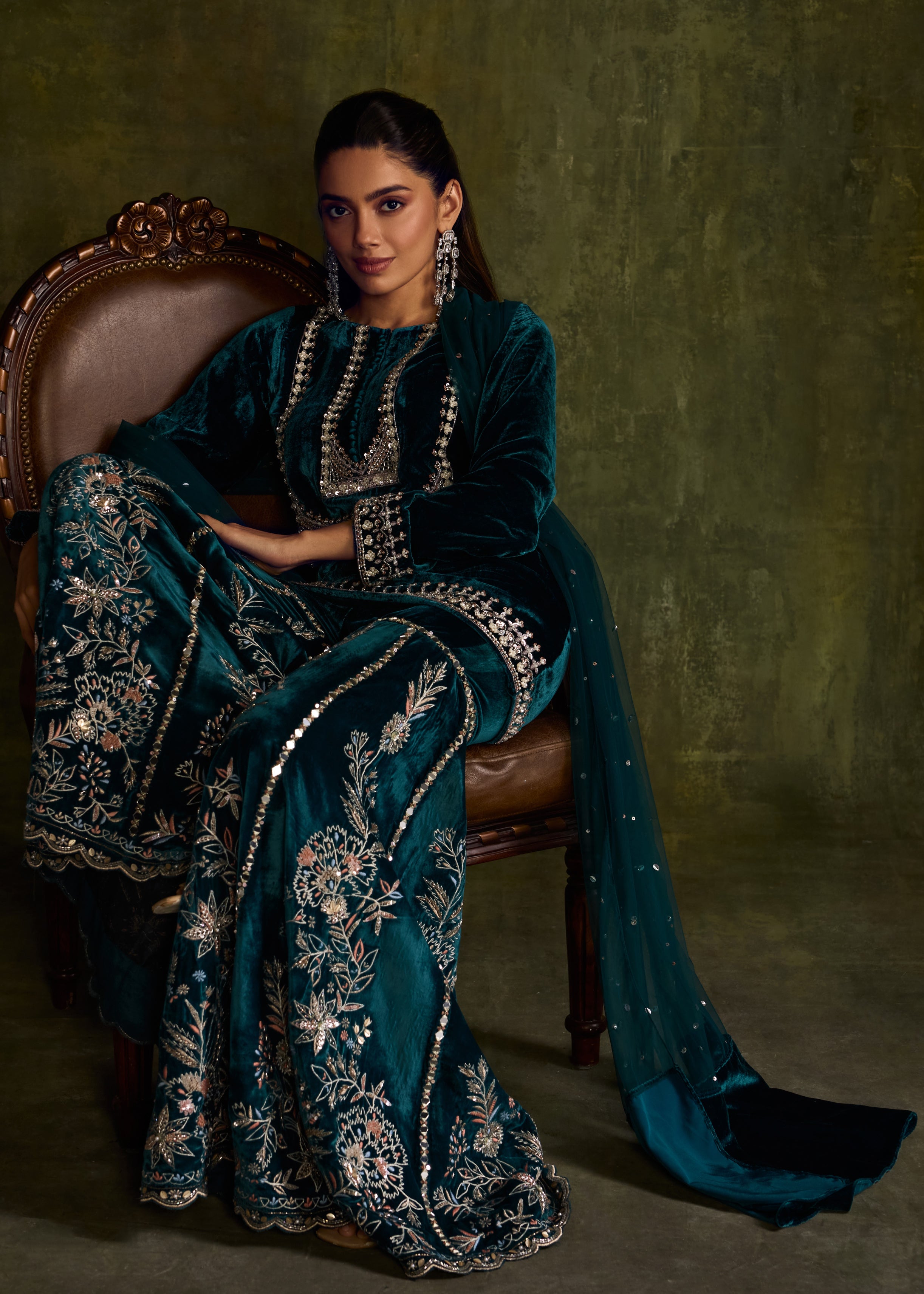 Teal Velvet Sharara Set