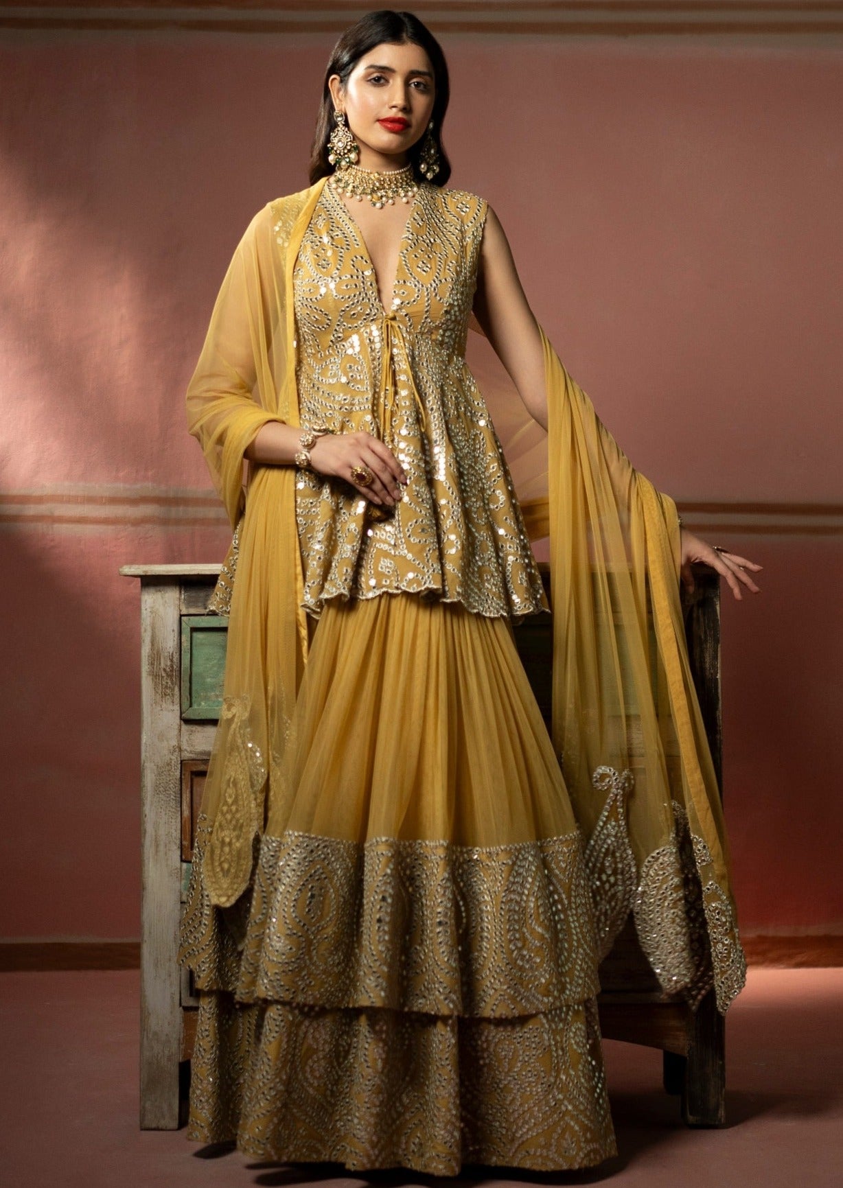 Golden Yellow Mirrorwork High-low Lehenga Set