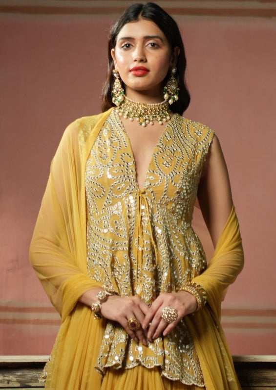 Golden Yellow Mirrorwork High-low Lehenga Set