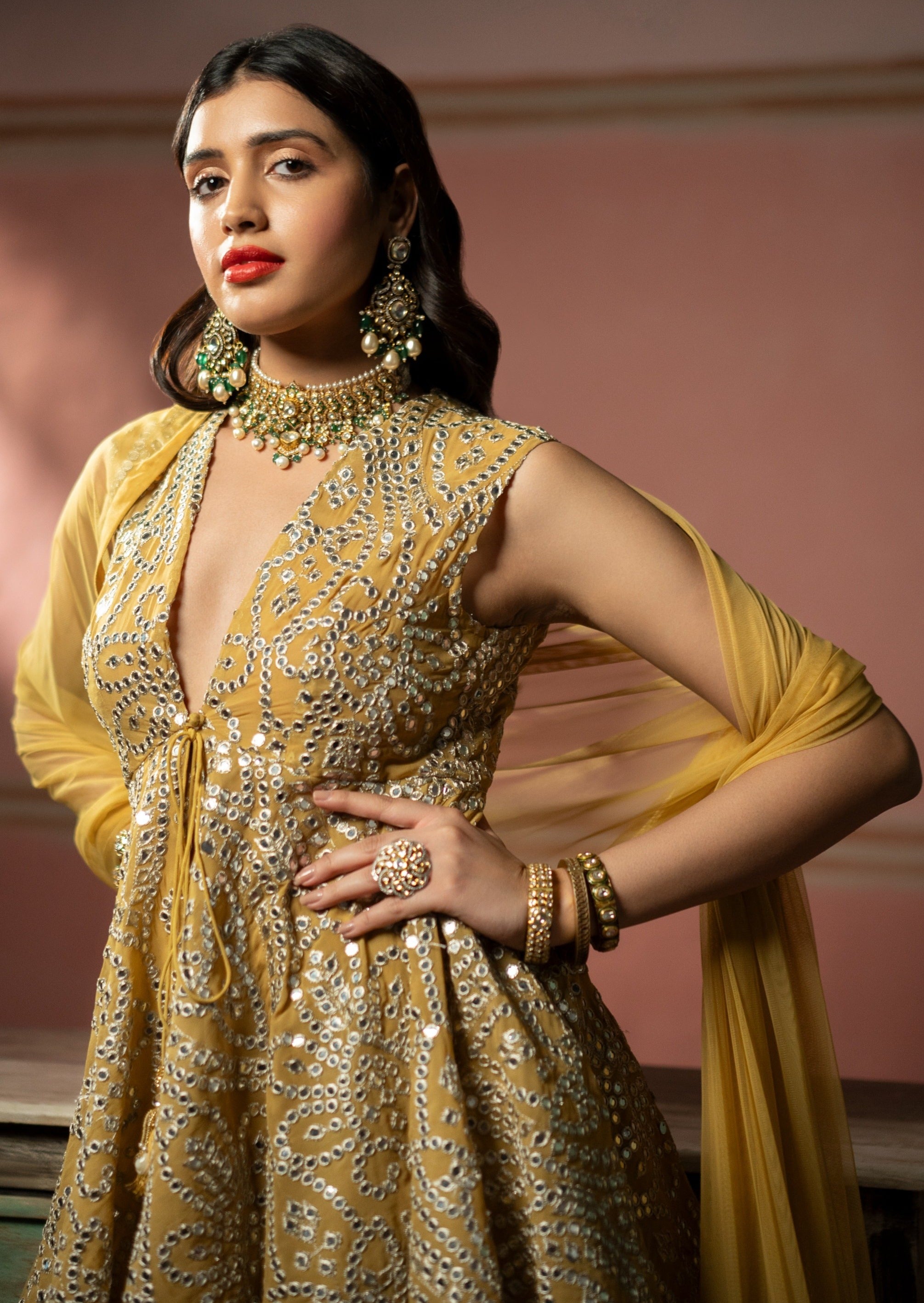 Golden Yellow Mirrorwork High-low Lehenga Set