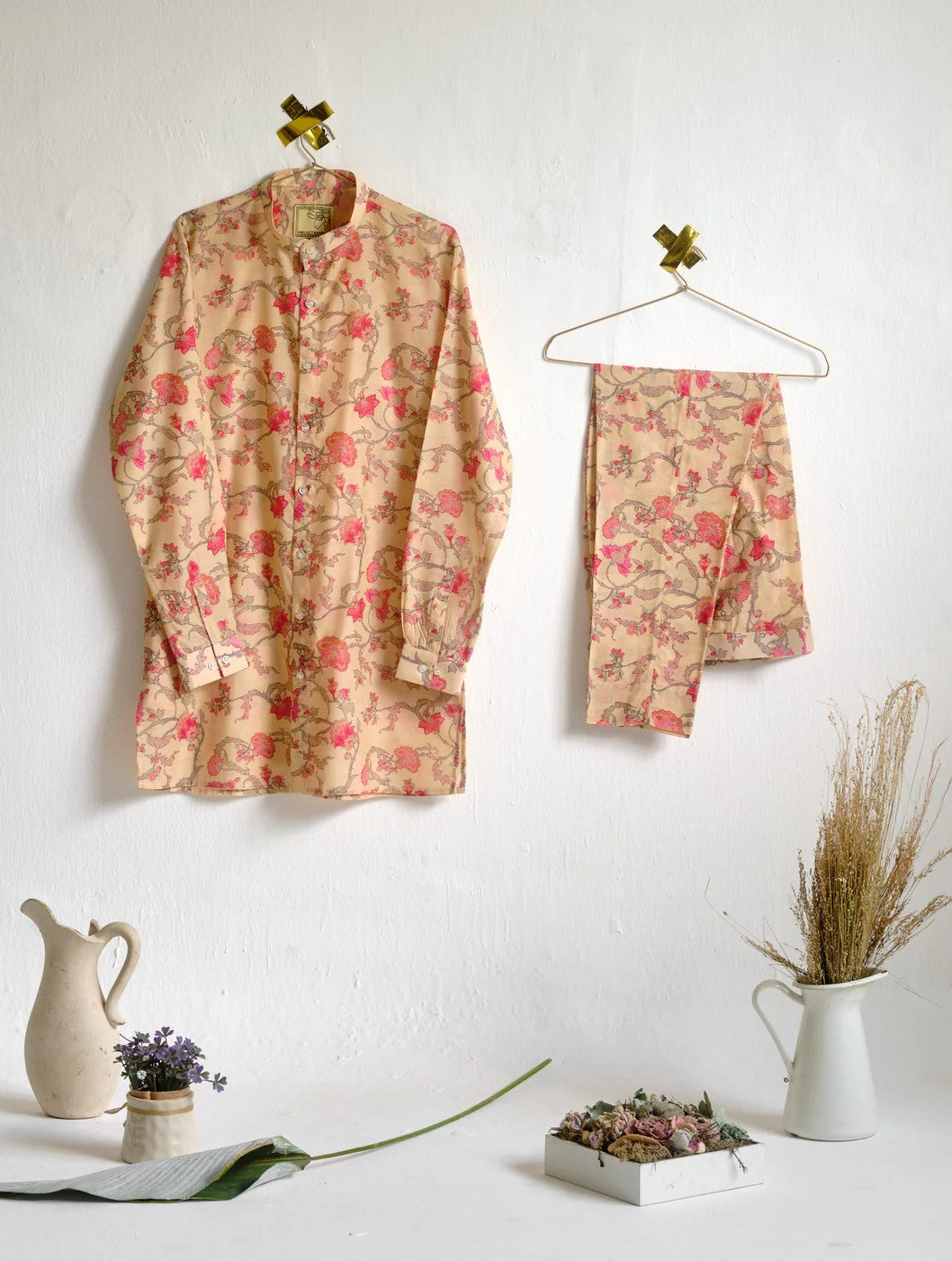 Pink and Cream Floral Rhapsody Kora Chanderi Kurta Pajama Set