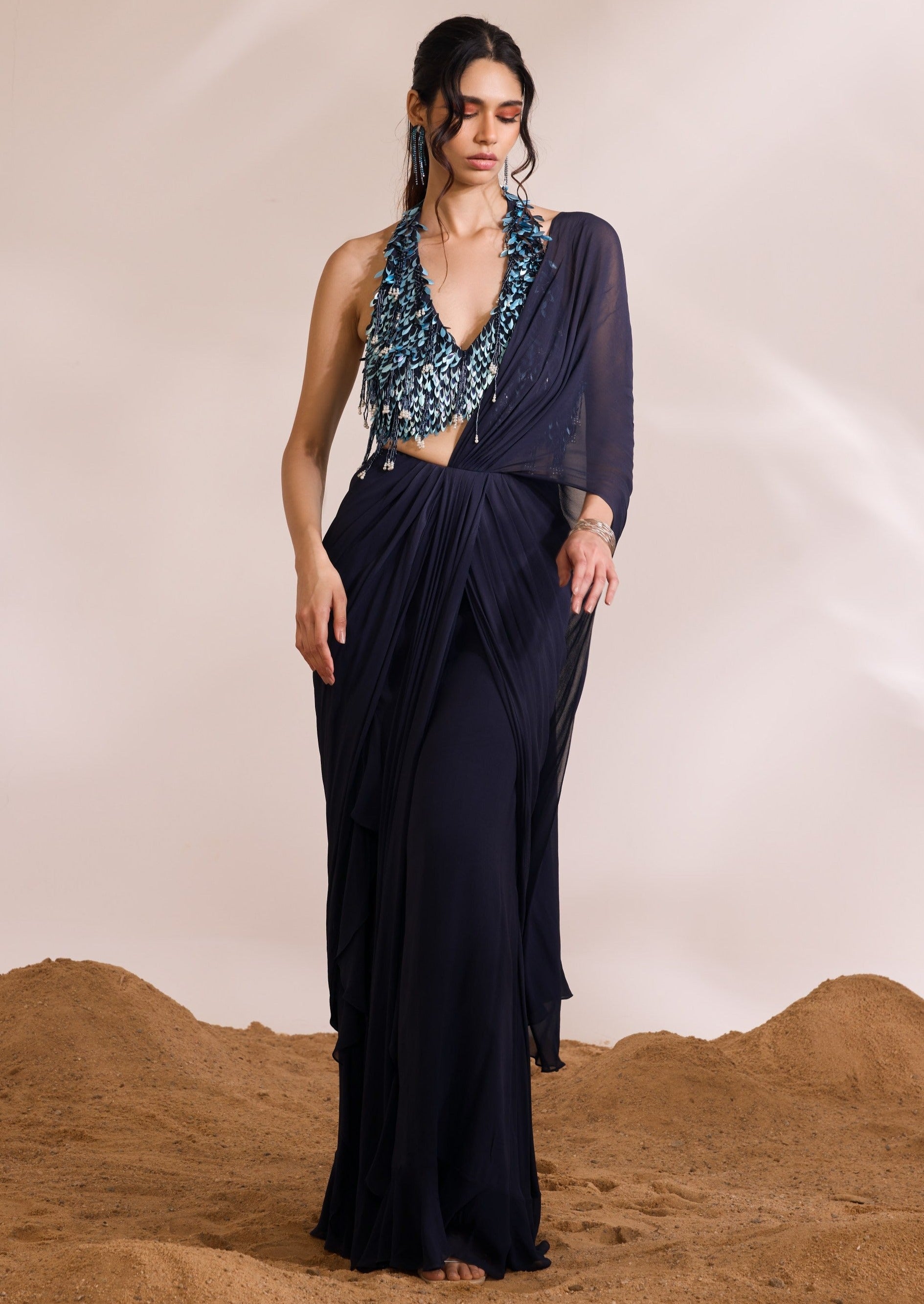 Navy Blue Renee Ruffled Sari