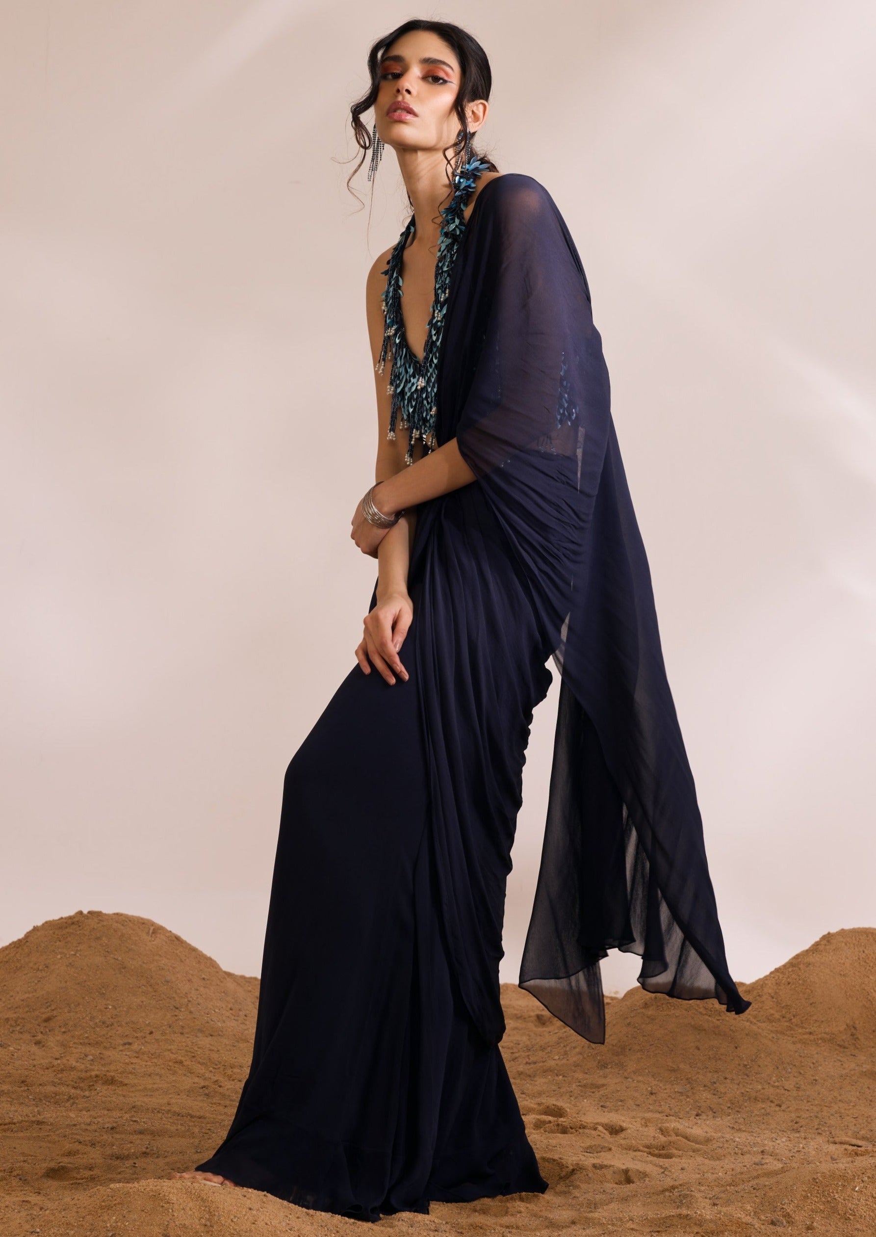 Navy Blue Renee Ruffled Sari