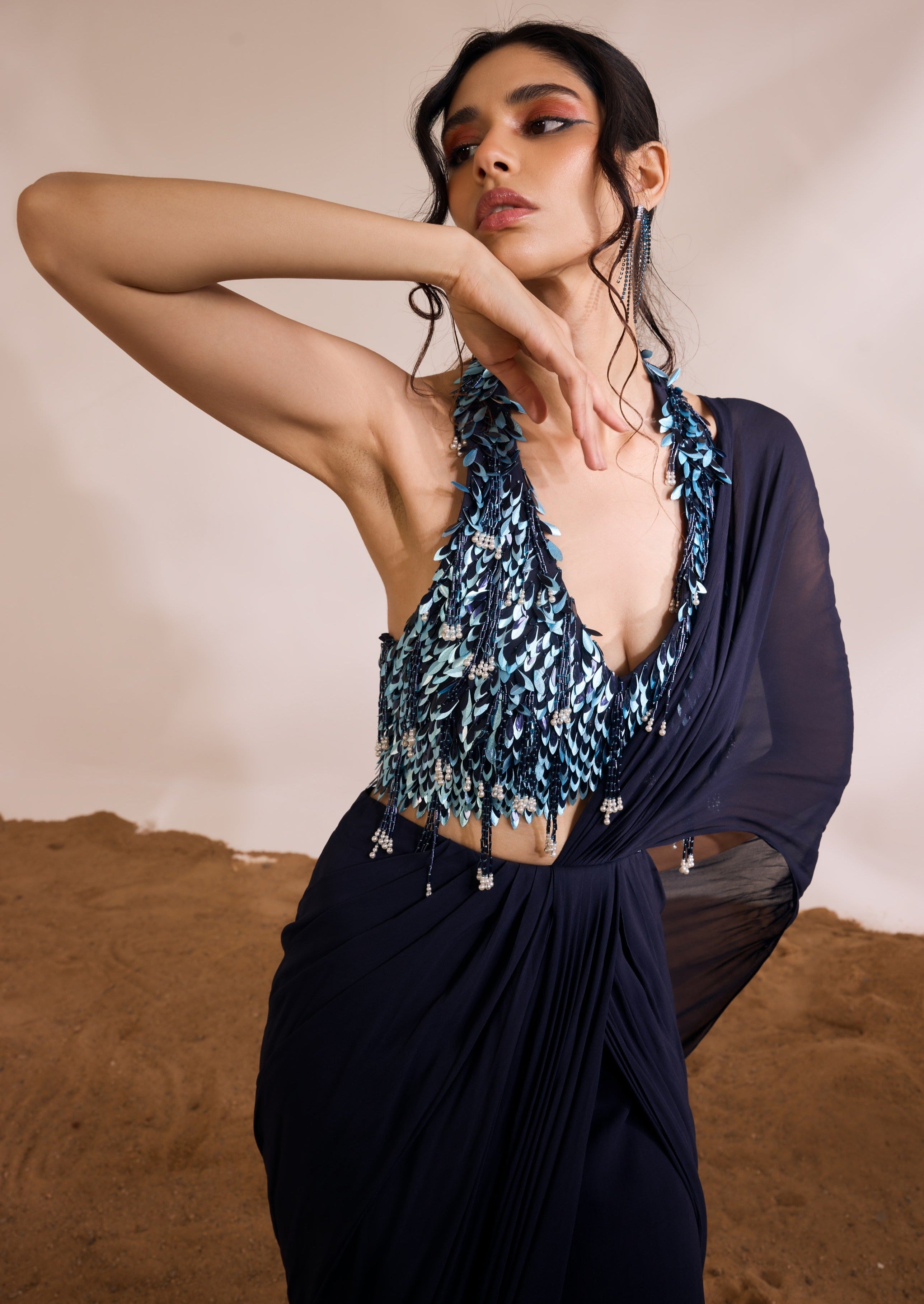 Navy Blue Renee Ruffled Sari