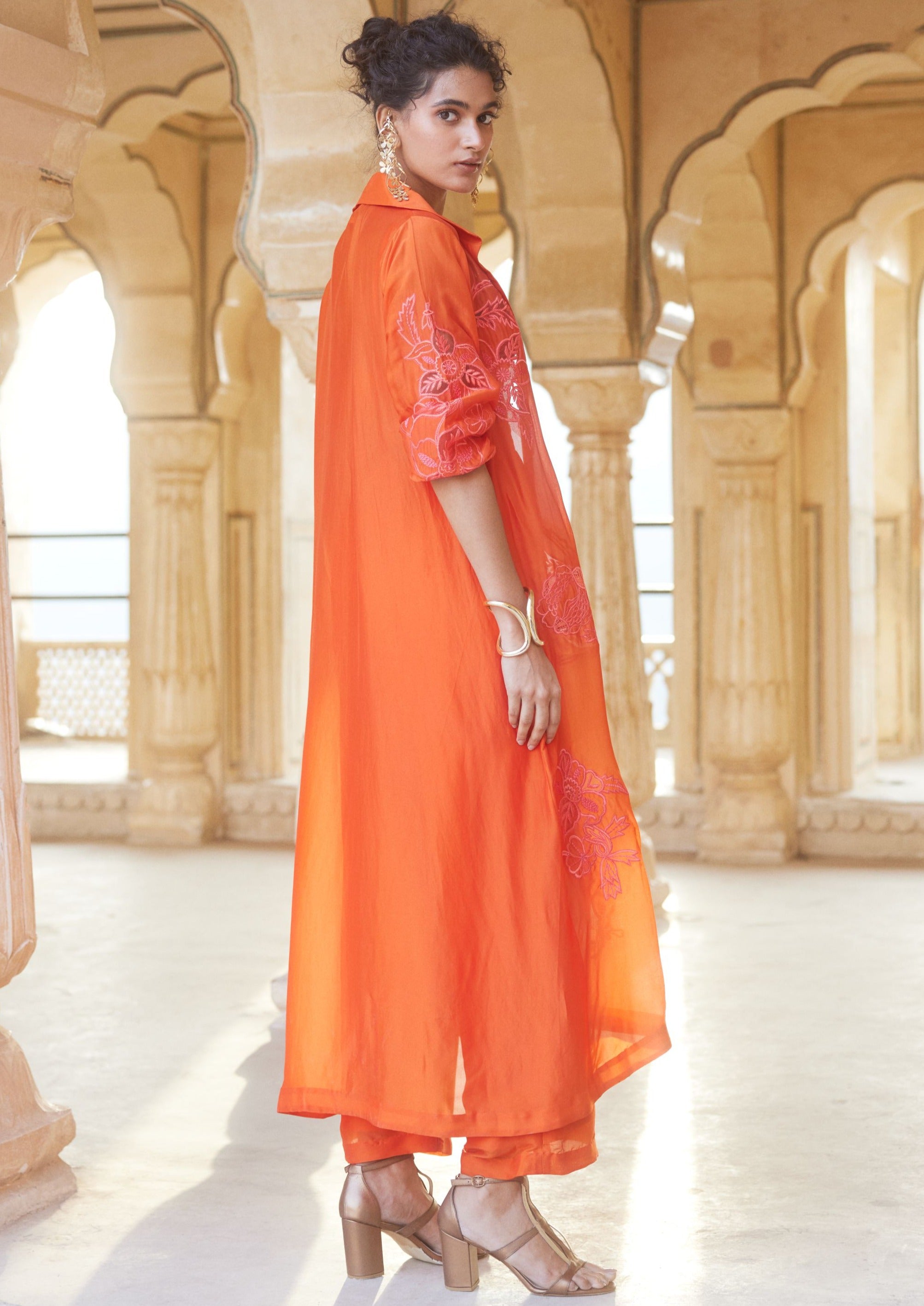 Vermillion Silk Organza Long Jacket Set