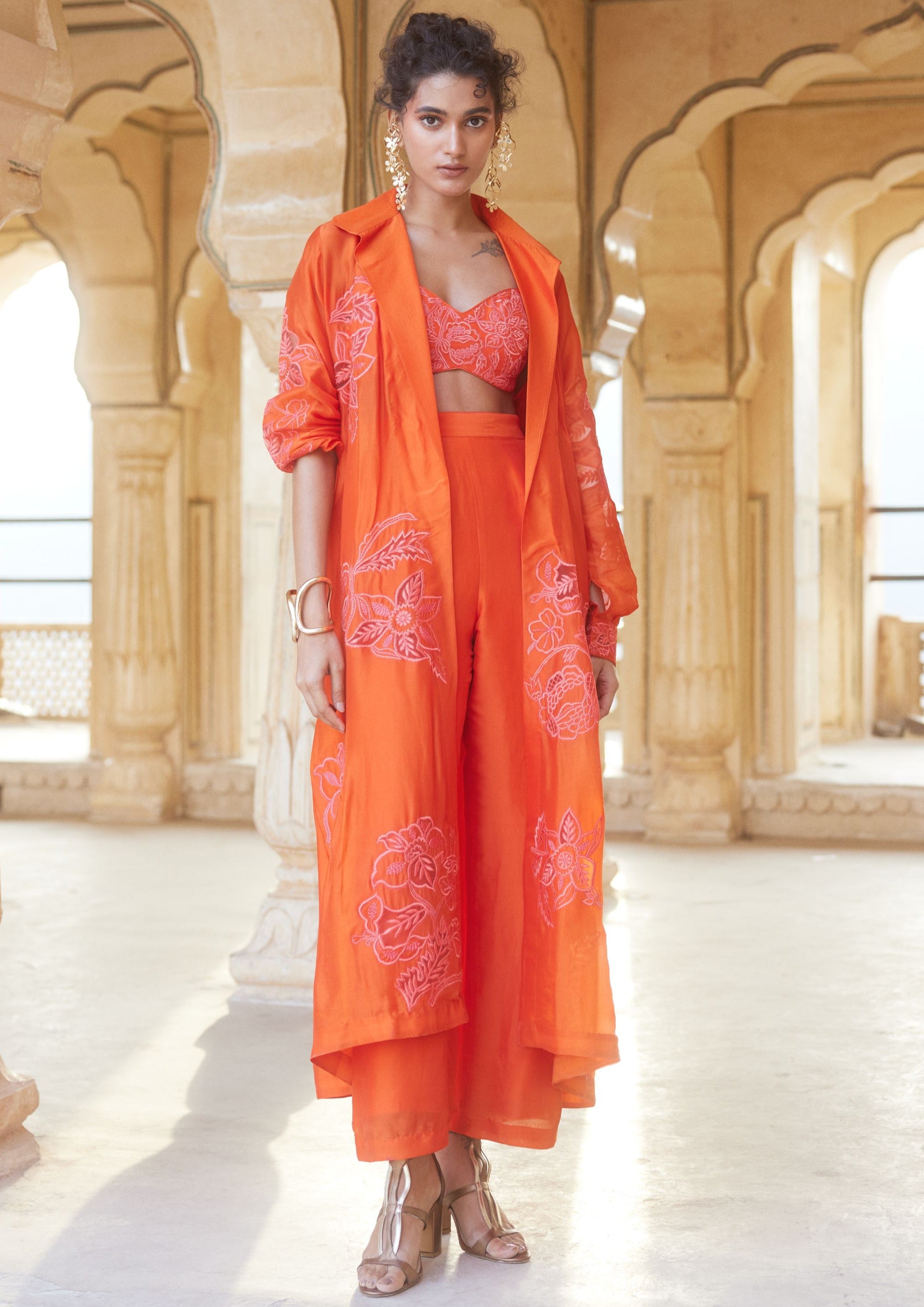 Vermillion Silk Organza Long Jacket Set