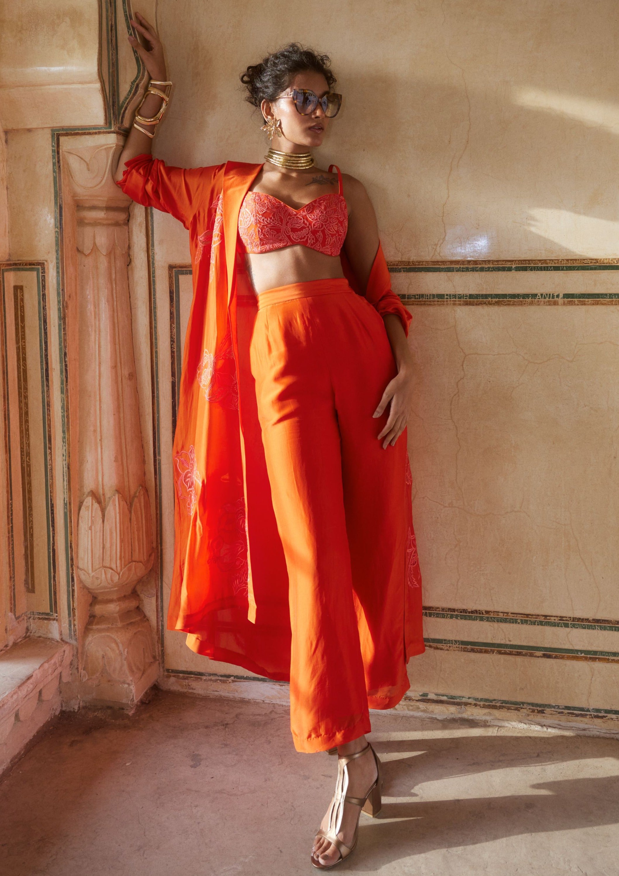 Vermillion Silk Organza Long Jacket Set